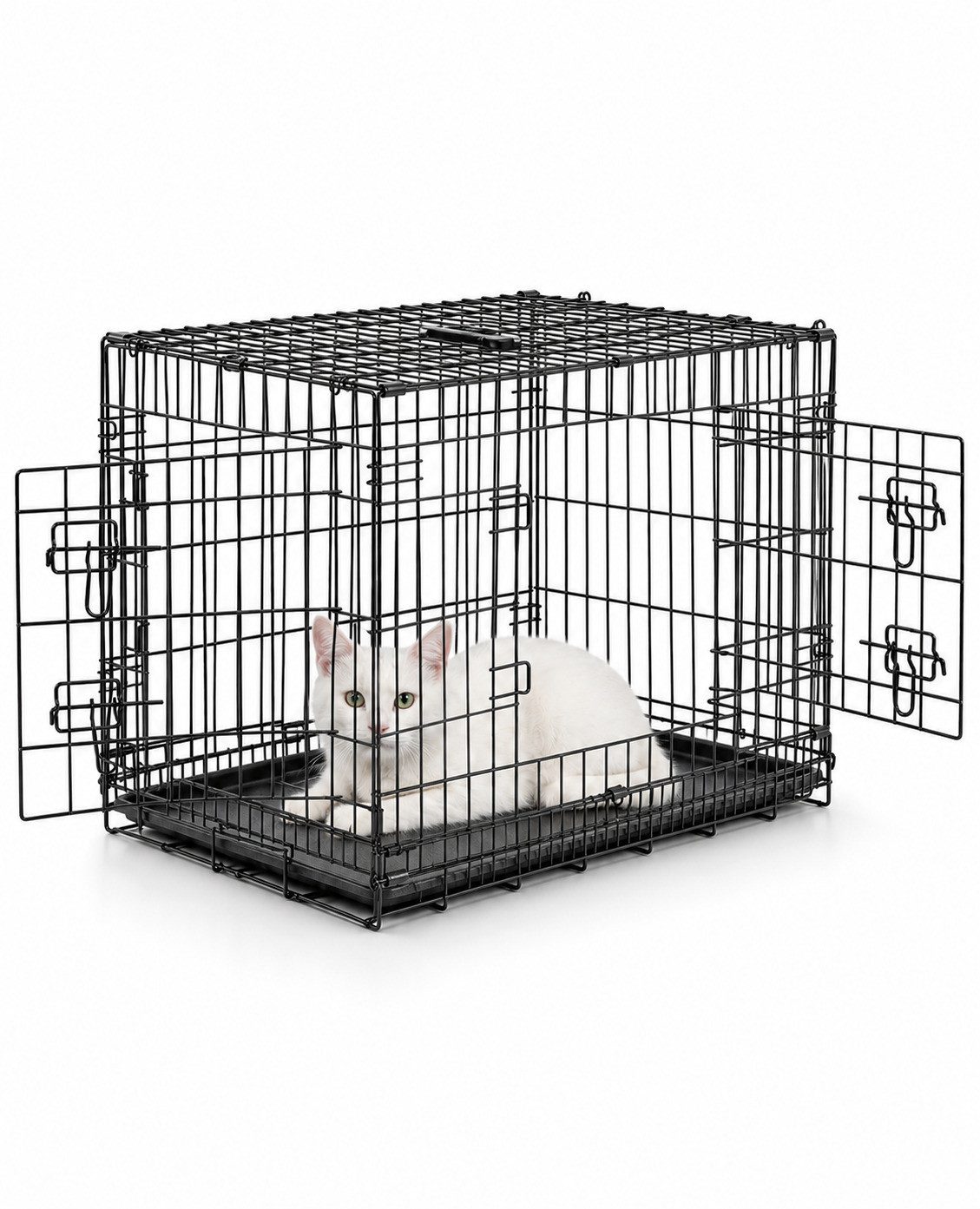 lionto Tiertransportbox für Katzen, stabil aus Metall mit Kunststoffbodenwanne, 76x49x56 cm, hygienisch mit Trennwand & Sicherheitsverriegelung