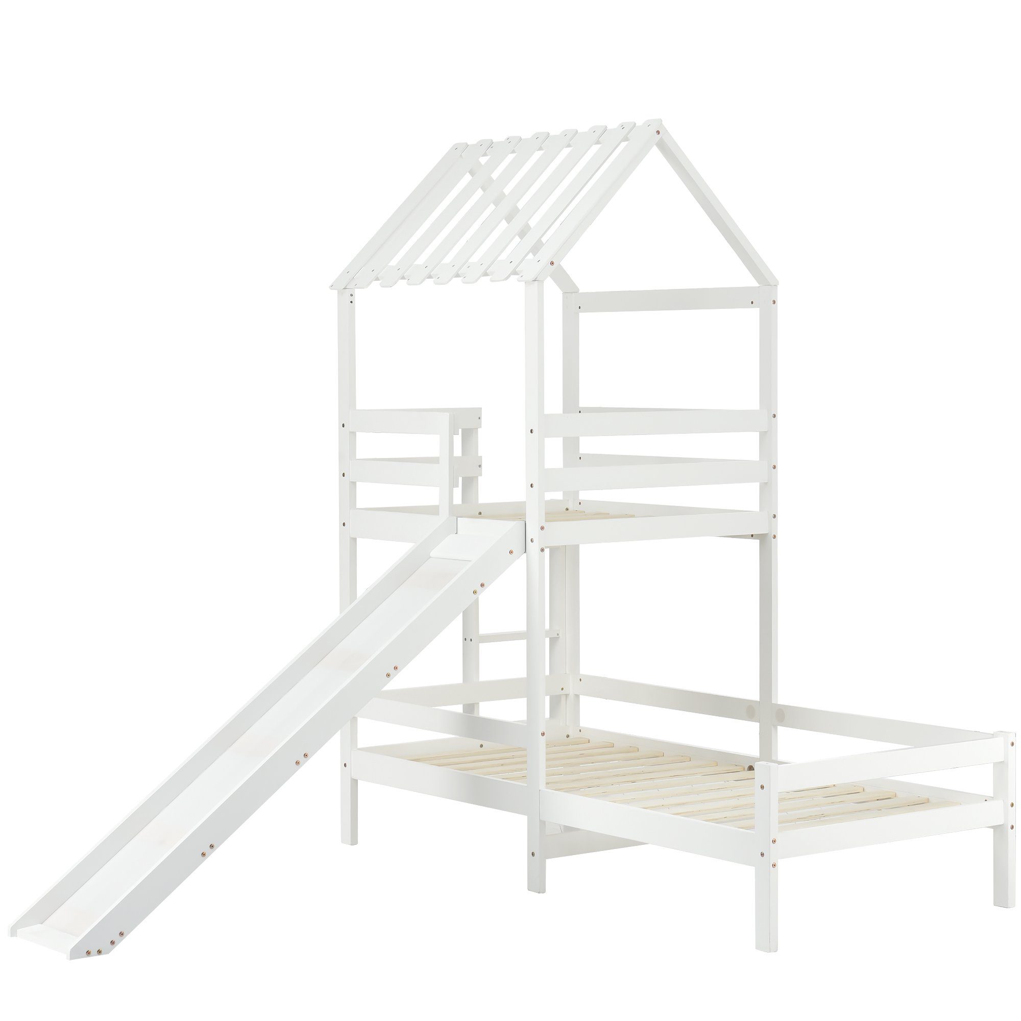 Hochbett (Etagenbett mit Rutsche und Lattenrost) Kinderbett mit 2 Liegefläche, Spielbett 90x200+90x100, Kiefer