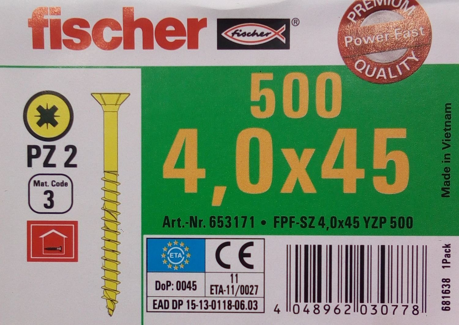 Fischer Befestigungstechnik Schraube verzinkt St) (500 4,0x45 Holzschrauben fischer PZ2 Spanplattenschrauben 500x Te