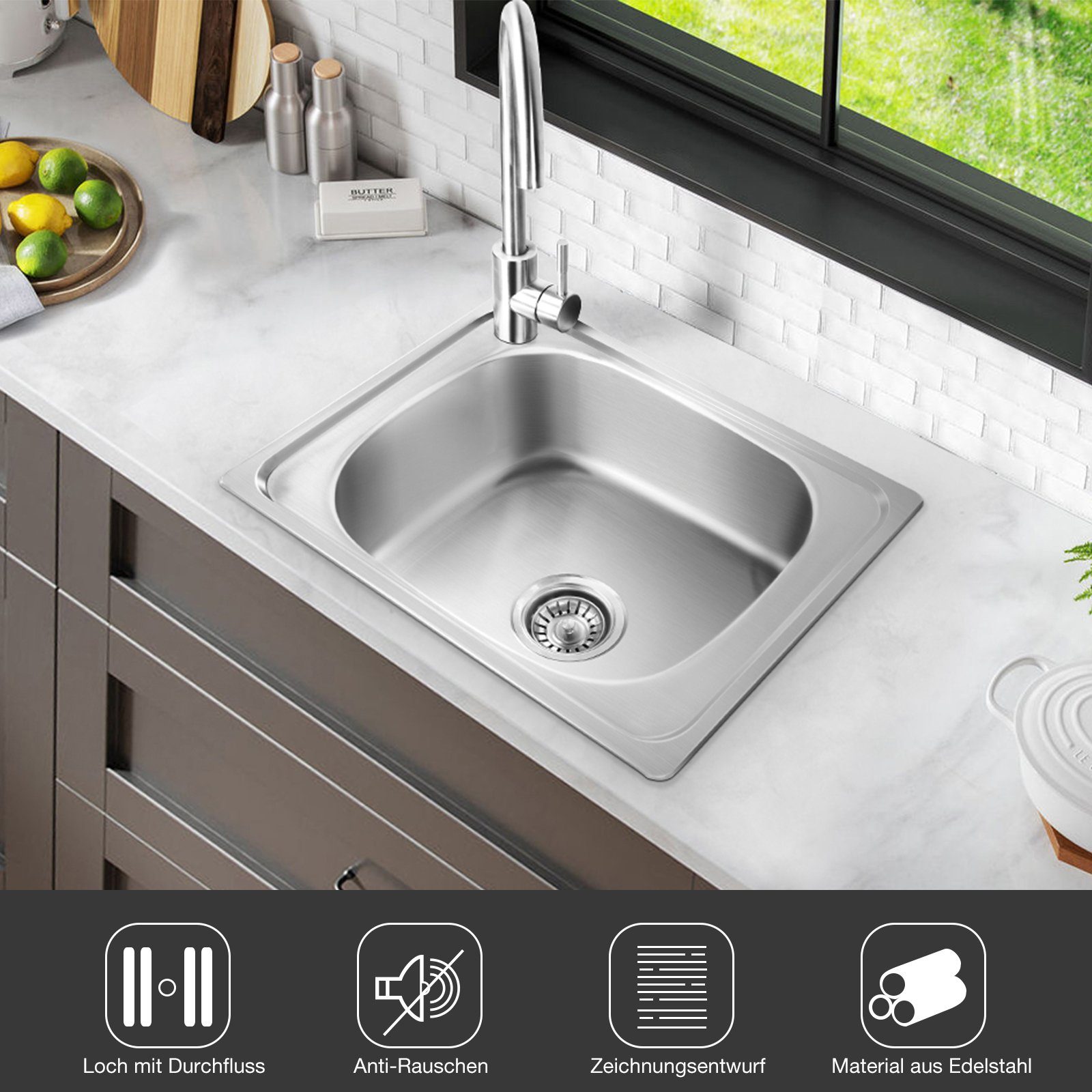 Midori Edelstahlspüle, Rechteckig, 500/180 cm, (1 St), Einbauspüle Küchenspüle Spülbecken Spüle Edelstahl rechteckig 40x50cm