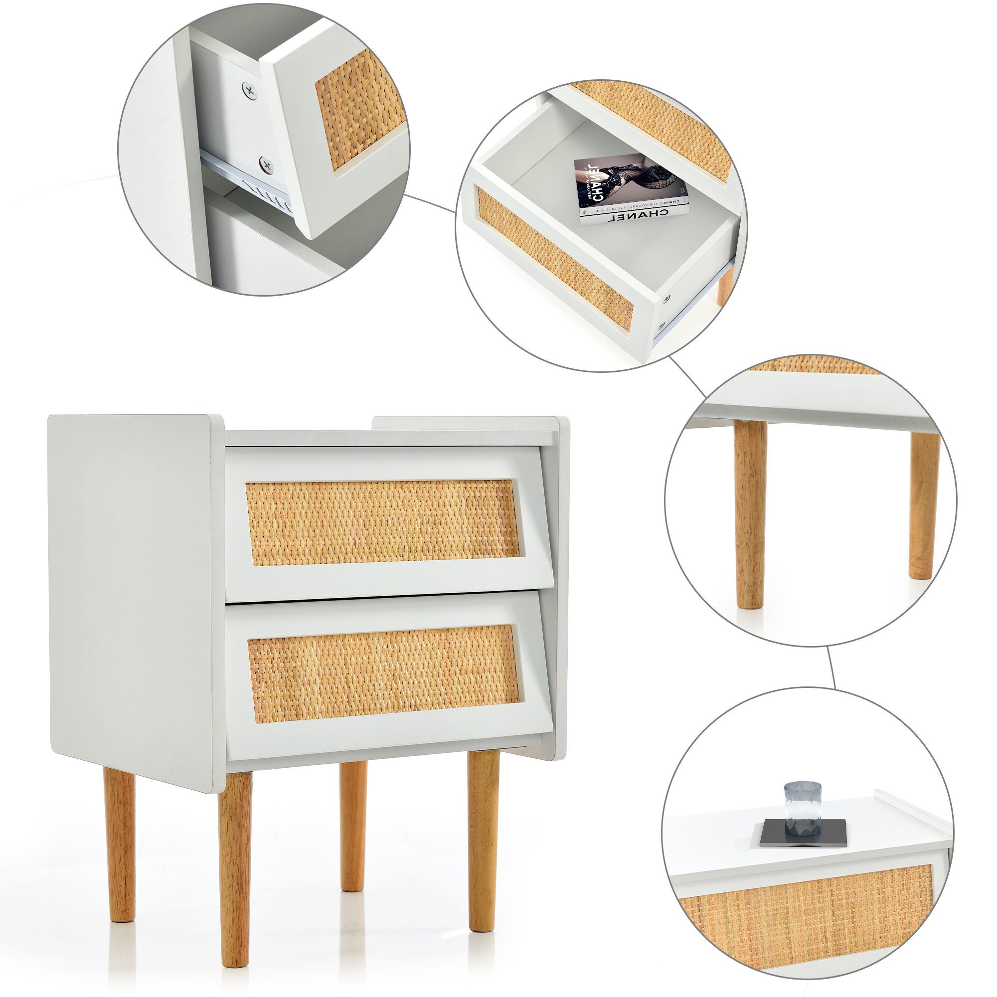 Nachttisch (1-St., Beistelltisch Nchtkommode), Nachtschrank mit 2 Schubladen, aus Rattan & Massivholz, 55x43.5x35 cm
