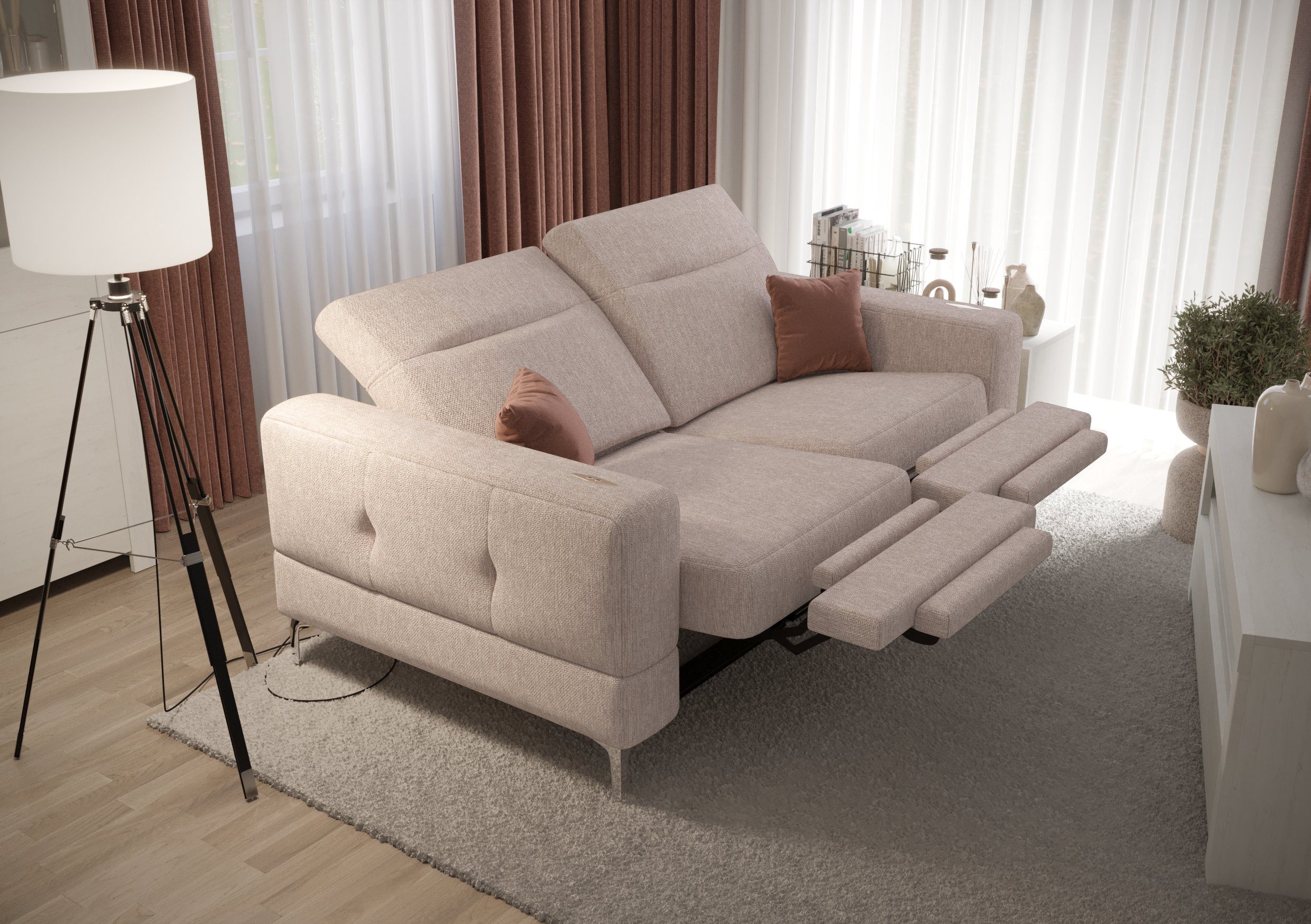 2 beige Stoff-und Dich Farbauswahl für Sofa Relaxfunktion, Relax, Sofa elektrischer Möbel Webstoff mit 04 Gemma Malibu Modernes mit