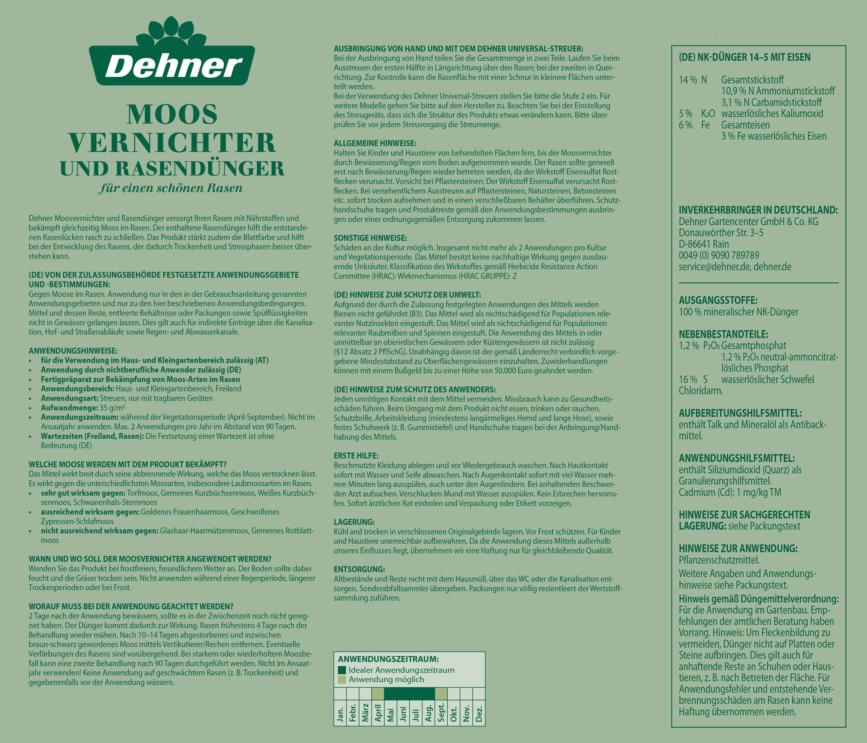 Dehner Rasendünger Moosvernichter und Rasendünger, 6 kg, Keine Angabe, langanhaltender Wirkung & sehr ergiebig