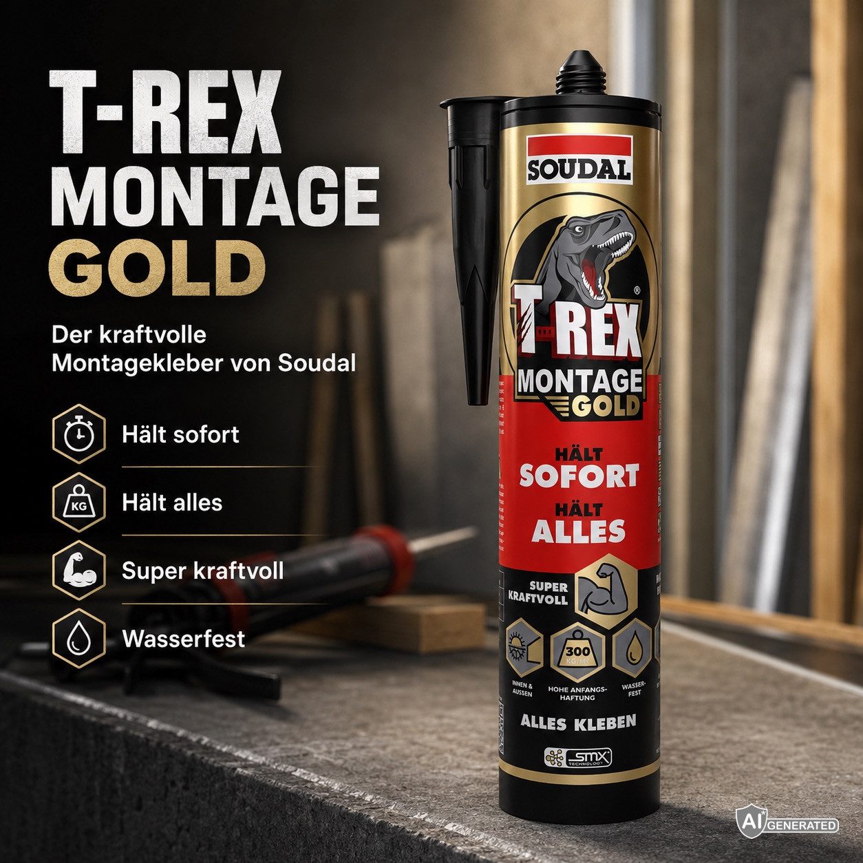 SOUDAL Montagekleber T-Rex Montage Gold SMX-Polymer Dichtstoff, Extrem hohe Anfangshaftung für Bau, Profile & Platten
