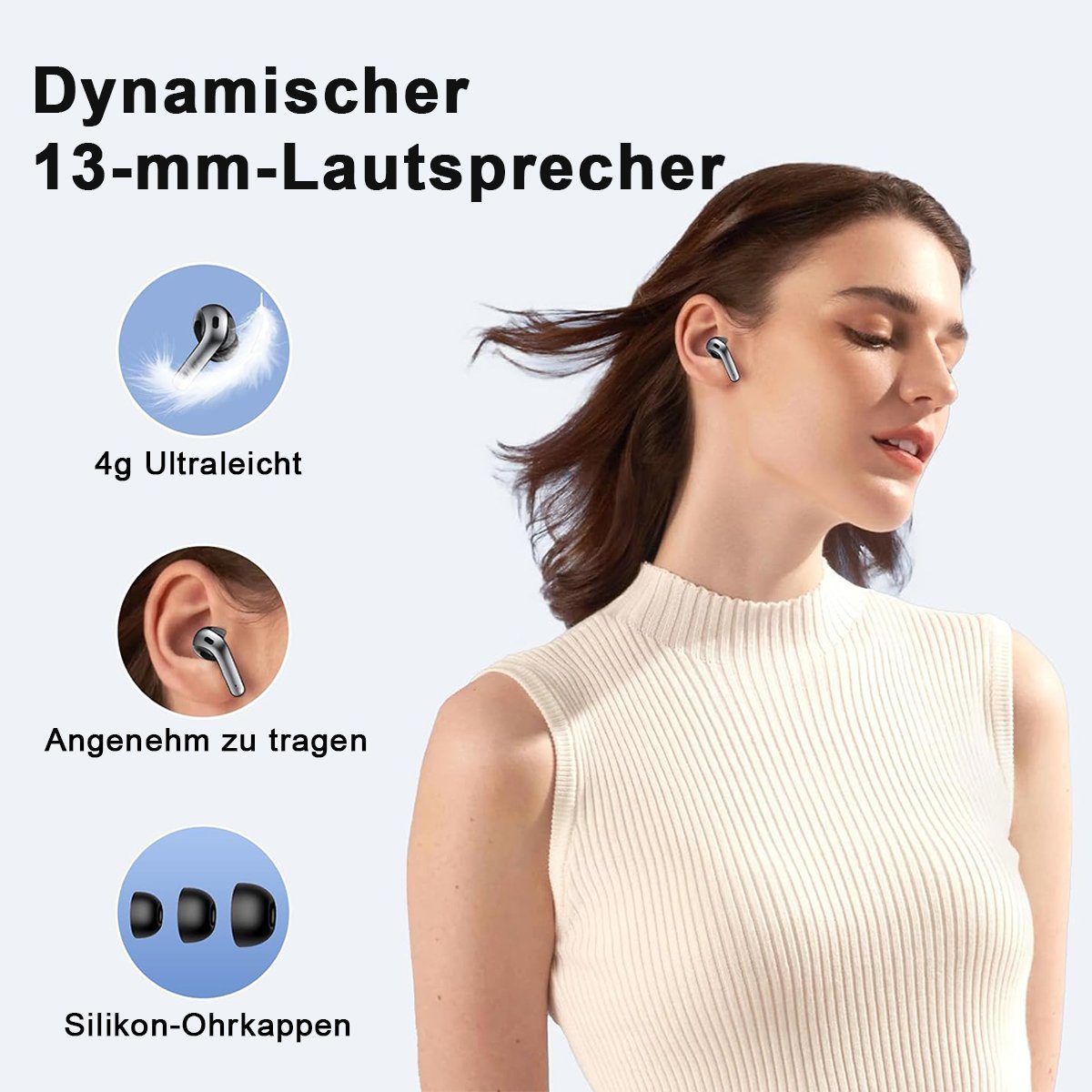 HYIEAR Kopfhörer wireless Android/iOS Bluetooth, 5.3, Stereo In-Ear-Kopfhörer USB-C) kabellos wasserdicht, IPX5 Bluetooth (Voice Assistant, für