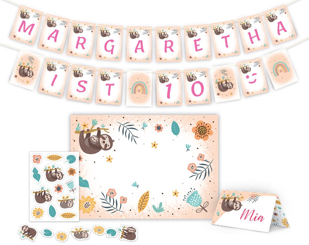 JUNAPACK Papierdekoration Party Set Deko Girlande Konfetti Tischset Kinder Geburtstag Faultier, Party Set mit Girlande, Konfetti, Tischunterlagen und Namensschildern
