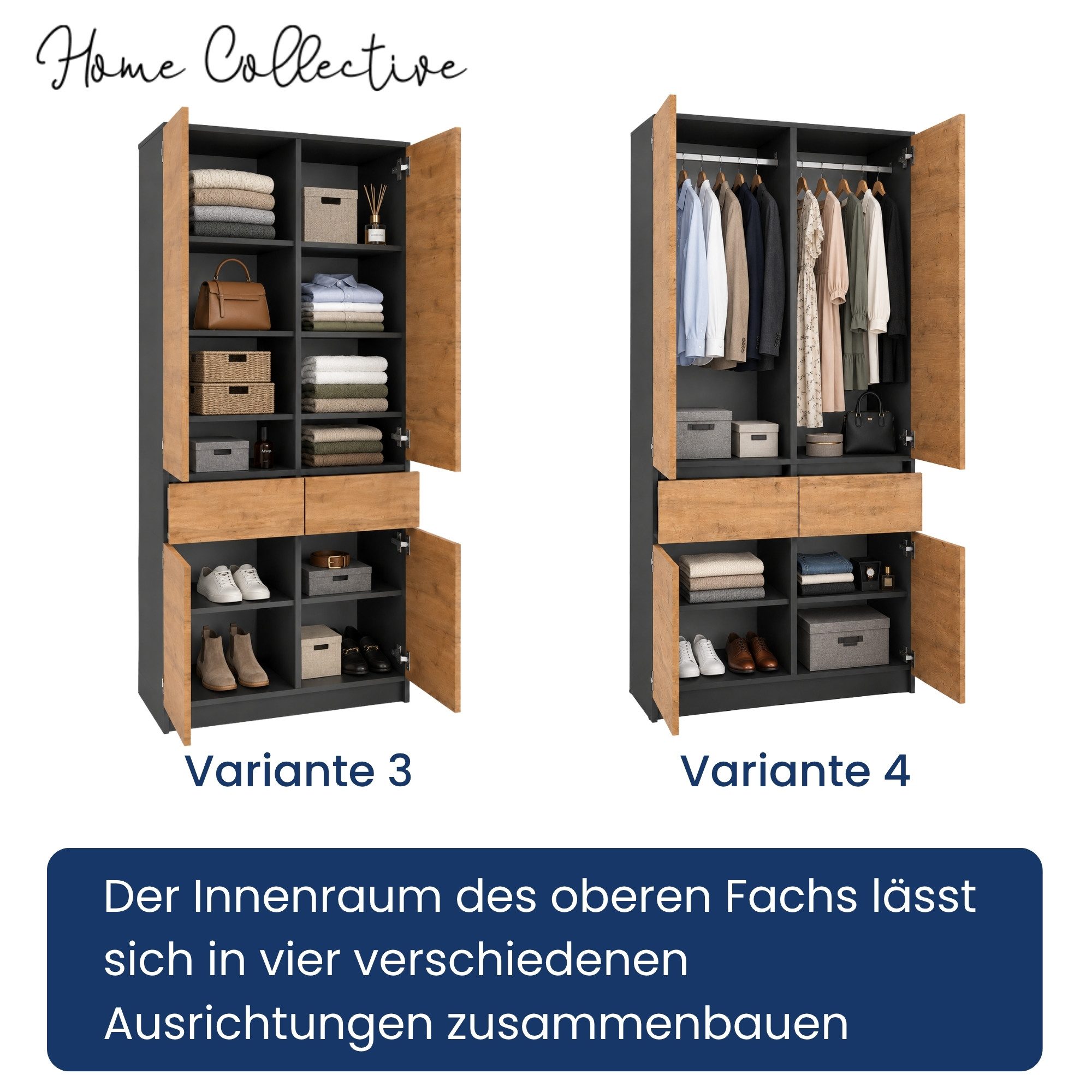 Home Collective Kleiderschrank Schrank Schlafzimmer Garderobenschrank Mehrzweckschrank Hochschrank (100 cm breit, mit 2 Schubladen, Kleiderstange & Einlegeböden – Bild 5 von 5
