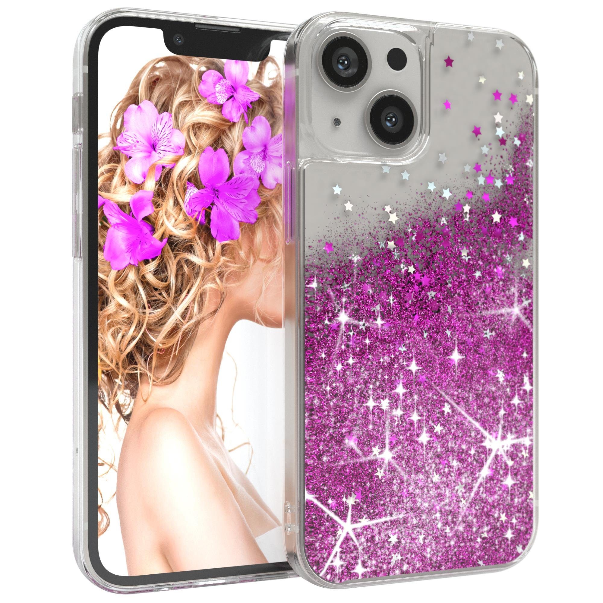 EAZY CASE Handyhülle Liquid Glittery Case für Apple iPhone 13 Mini 5,4 Zoll, Bumper Case Back Cover Glitter Glossy Handyhülle Etui Violett Lila