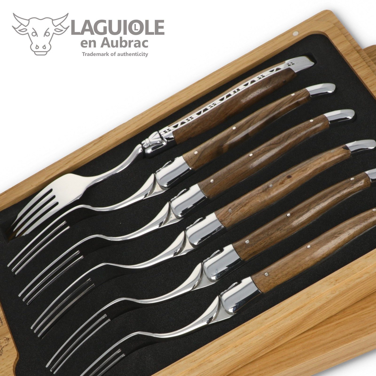 Laguiole en Aubrac Steakbesteck 62F99NOIH BRI, 6 Gabeln - Griff Nussbaum - Backen und Gabelteil Stahl glänzend