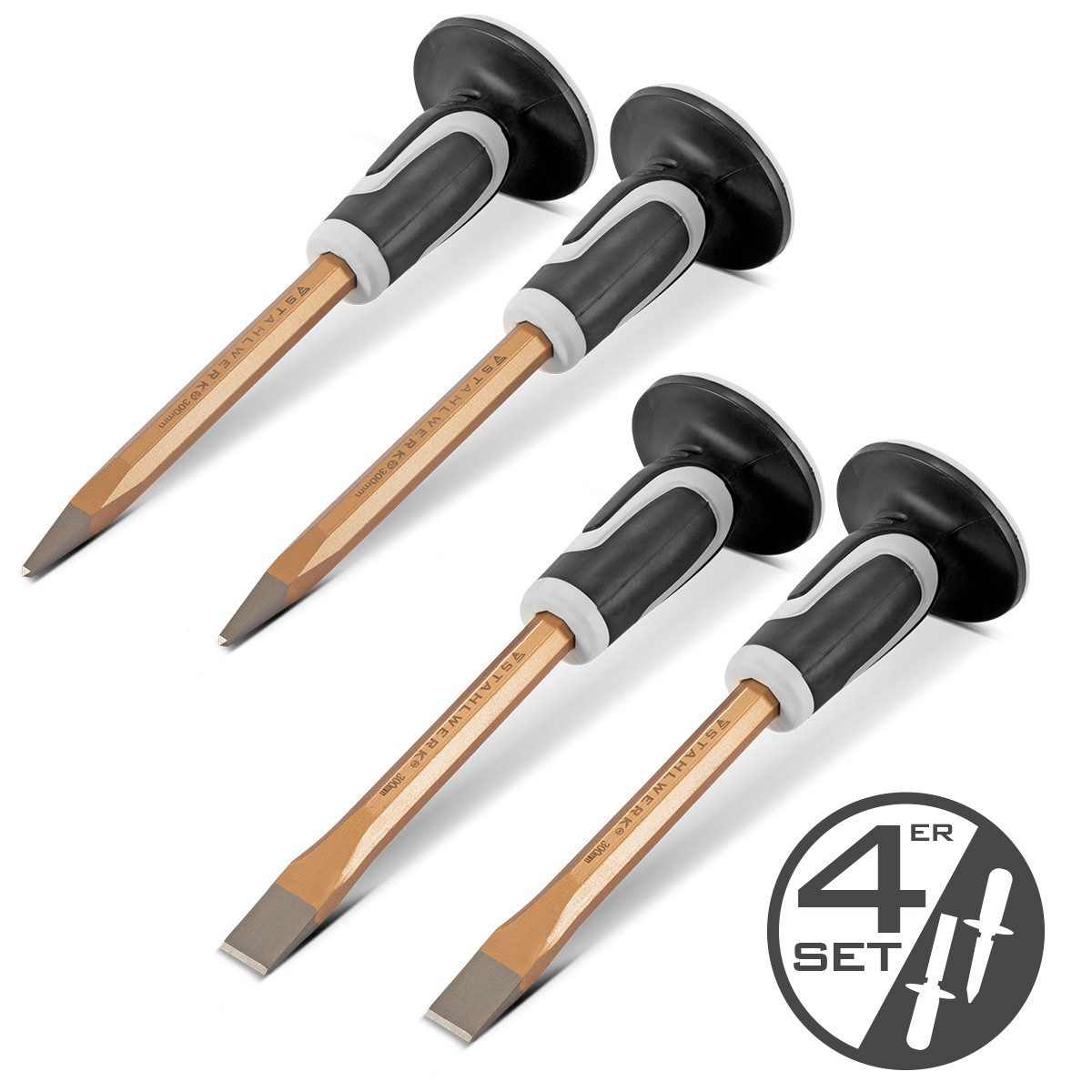 STAHLWERK Meißel-Set Flachmeißel / Spitzmeißel 4er Set Gold 300 mm, 53,5 in mm, (Set, Set) Flachmeißel 300 mm, Spitzmeißel 300 mm