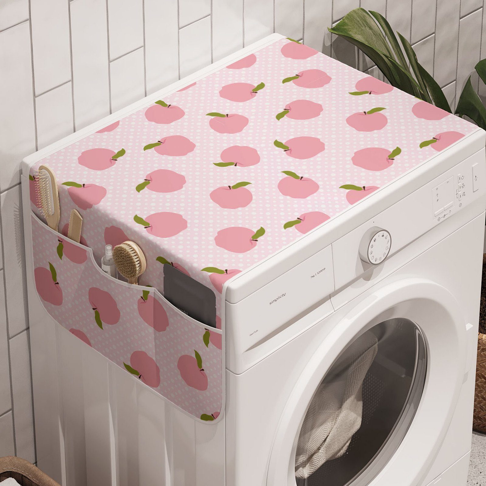 Abakuhaus Badorganizer Anti-Rutsch-Stoffabdeckung für Waschmaschine und Trockner, Rosa Abstrakte Äpfel auf Tupfen