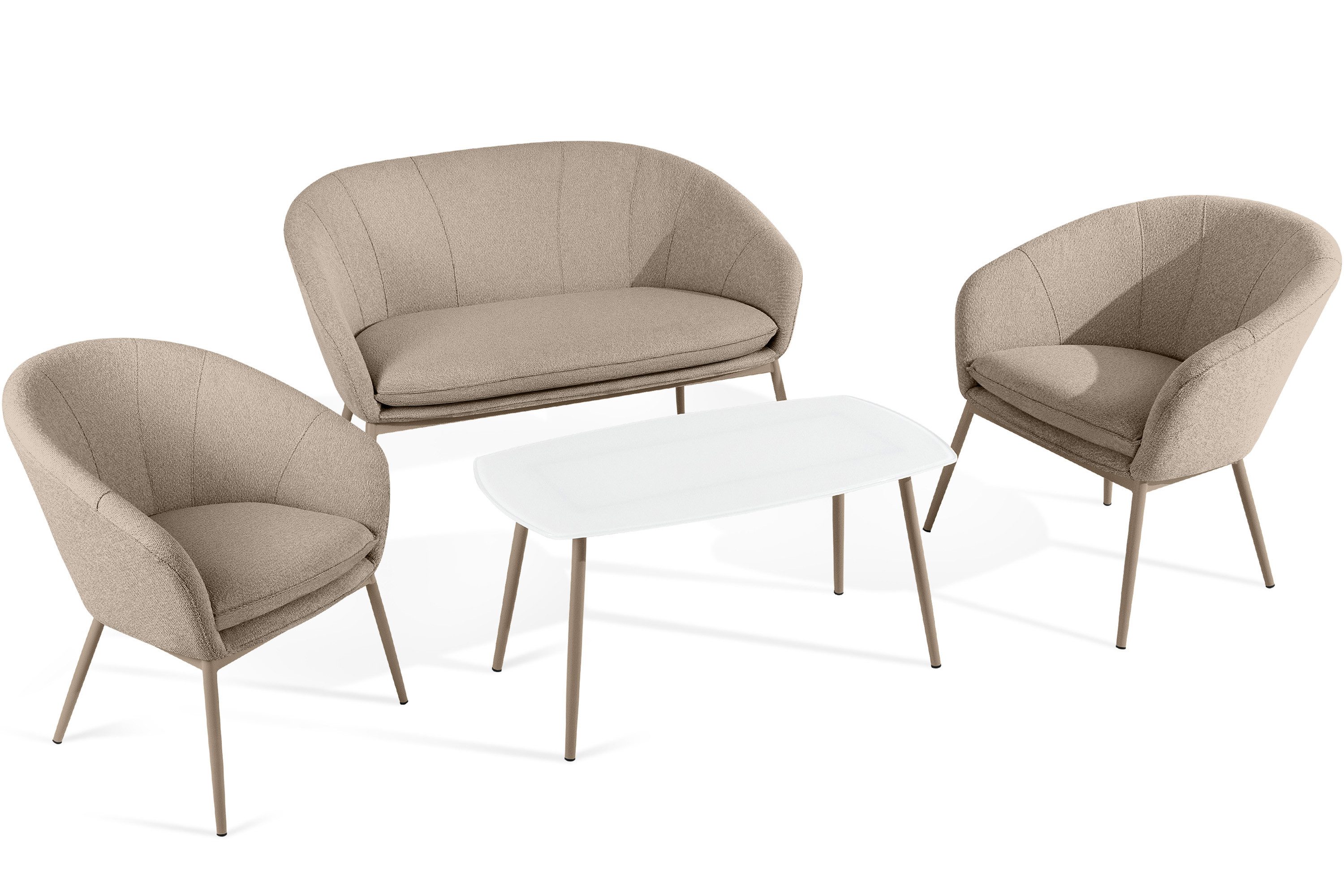 KONSIMO® Gartenlounge-Set SOLIS Gartenmöbelset, Garten-Essgruppe, hergestellt in der EU, (1x Tisch, 2x Sessel, 1x Sofa 2-Sitzer, 4-tlg), Stahlrahmen, wasserabweisender Stoff, Modern, beige Gestell