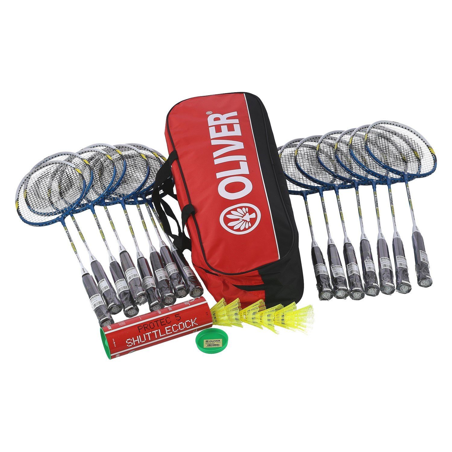 Oliver Badmintonschläger Schulsport-Set II - 15x Strong 600, 1x Racketbag, 6x Bälle
