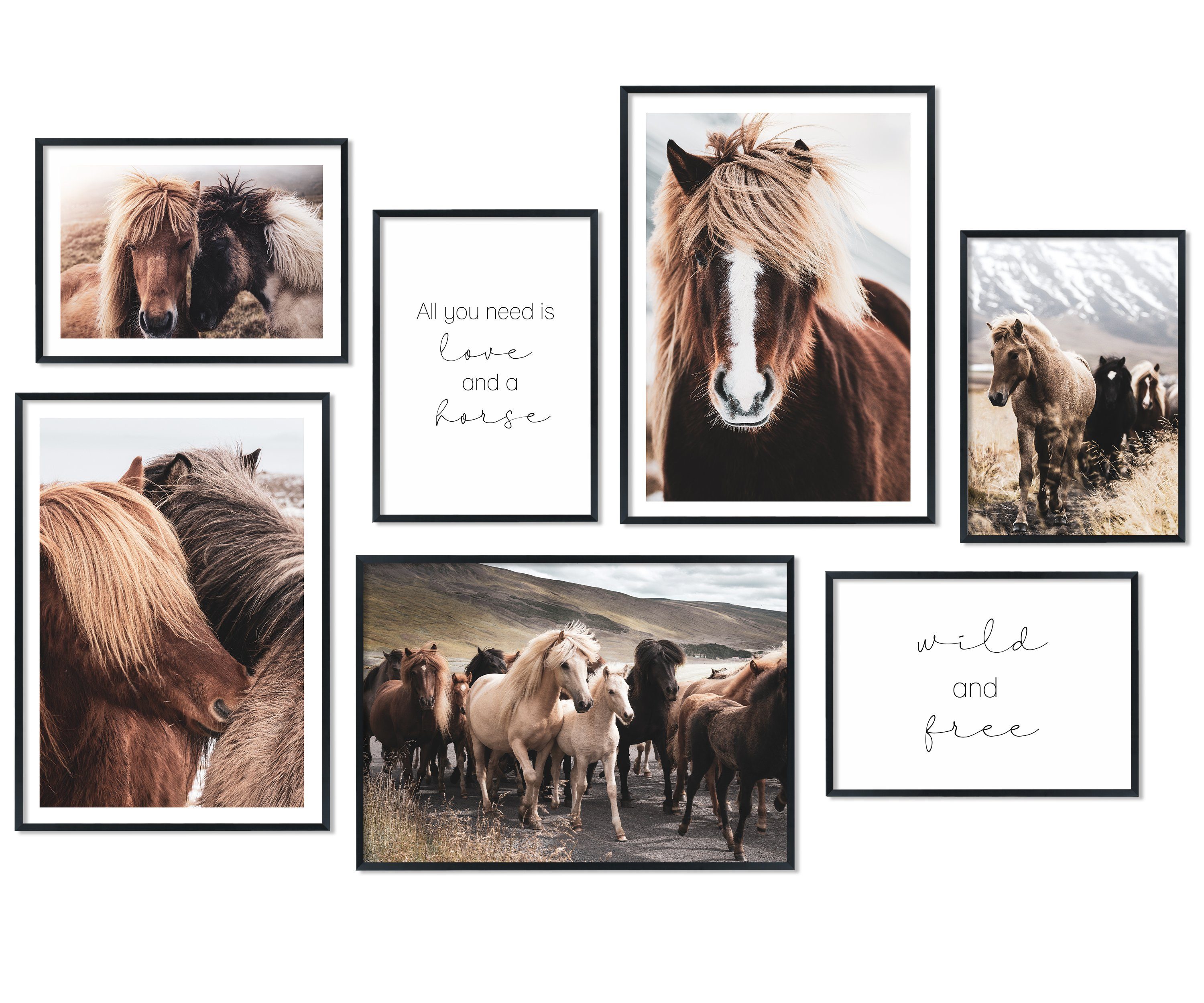 Hyggelig Home Плакат Islandpferde, Premium Плакат Set OHNE & MIT Rahmen - Wandbilder Horses, Tier (Set, 7 St), Collage Pferde Qualitätsdruck auf dickem Papier