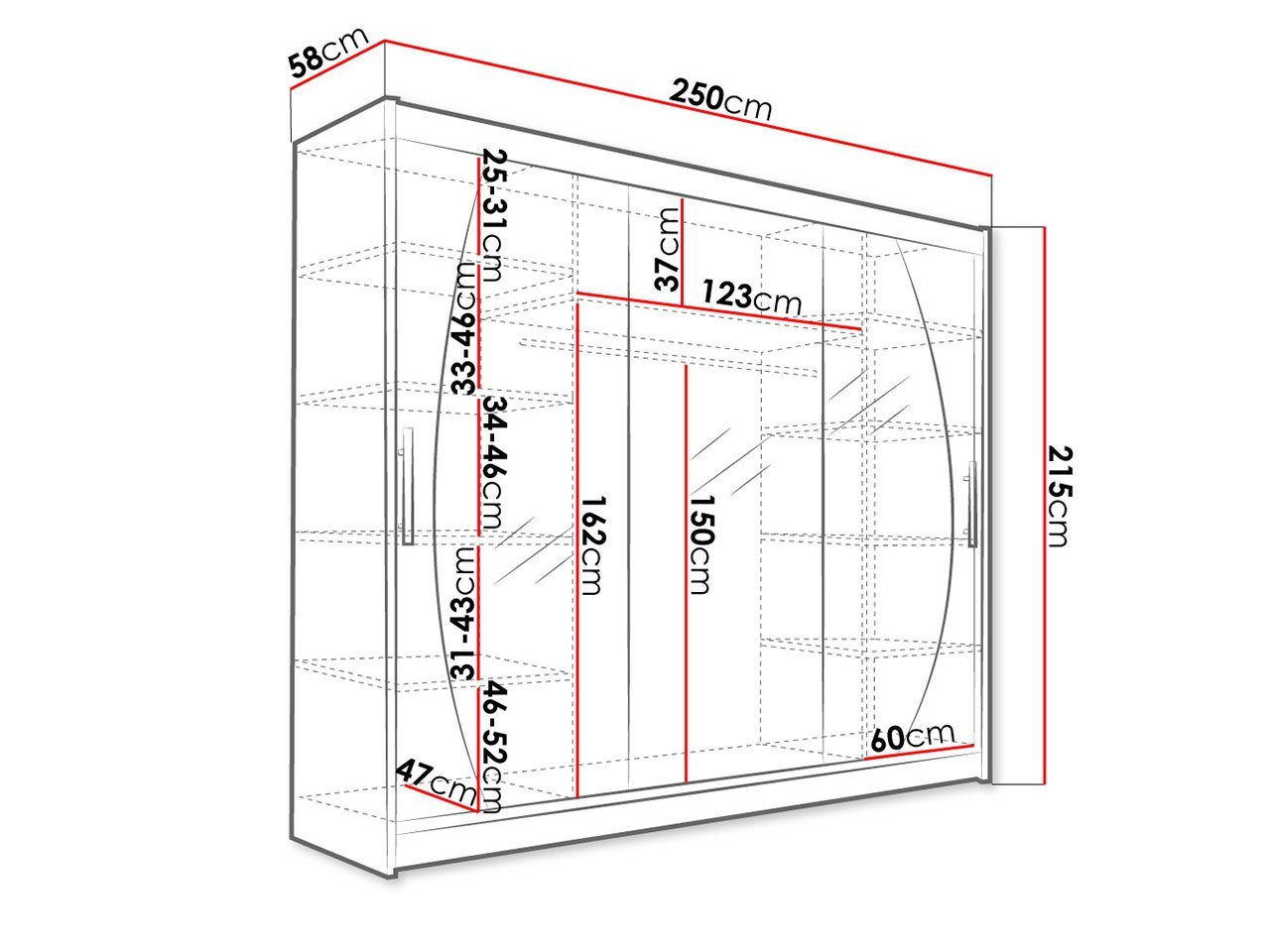 MIRJAN24 Kleiderschrank Aston V (mit Frontspiegel, Schiebetüren) Garderobe mit 3-türig, Schwebetürenschrank, 250x215x58 cm – Bild 4 von 5