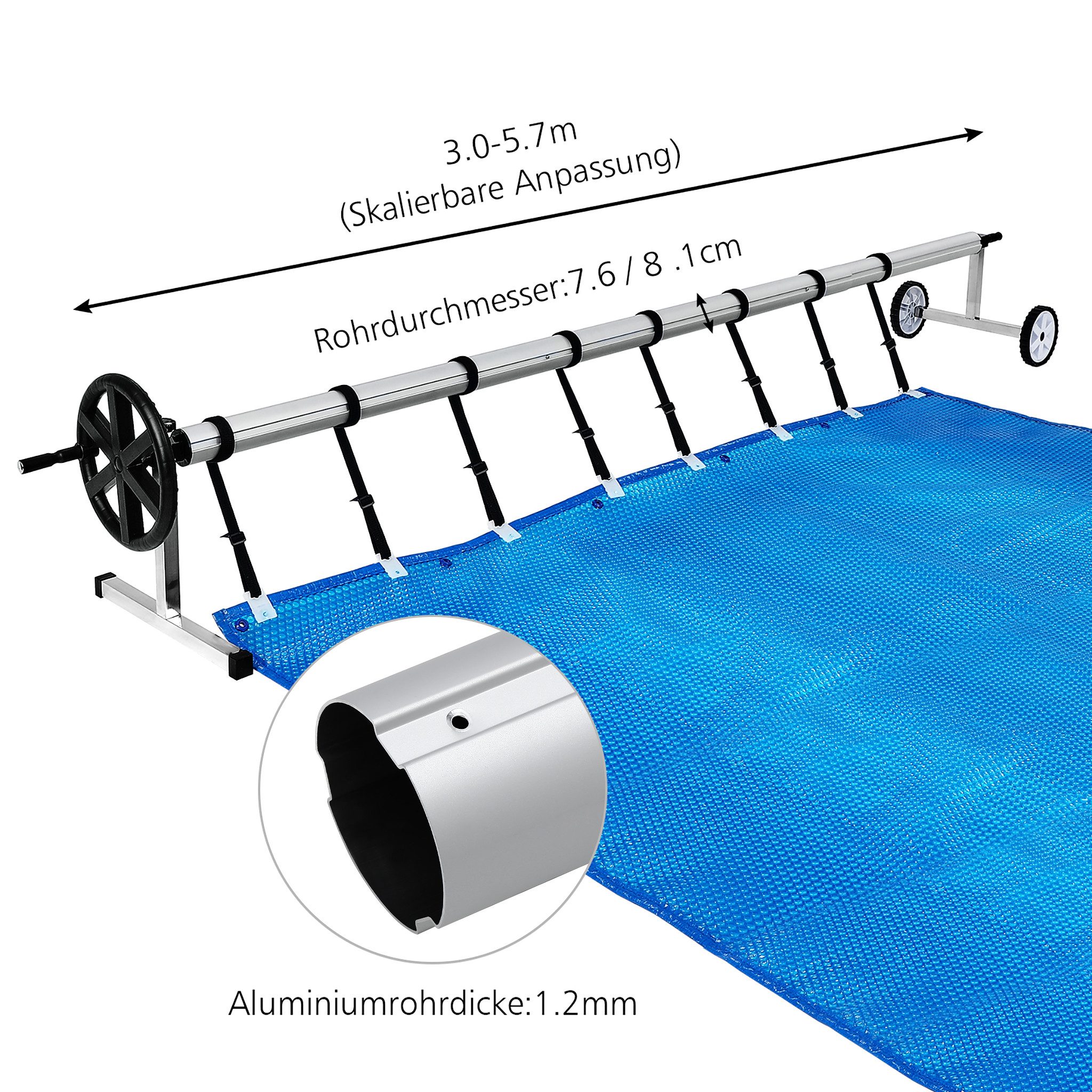 FIVMEN Pool-Abdeckplane Pool Aufroller Aluminium Aufrollsystem 3m - 5,70m Poolaufroller (1-St), inkl. Befestigung & Rollen, für Solar und Pool Planen und Abdeckungen