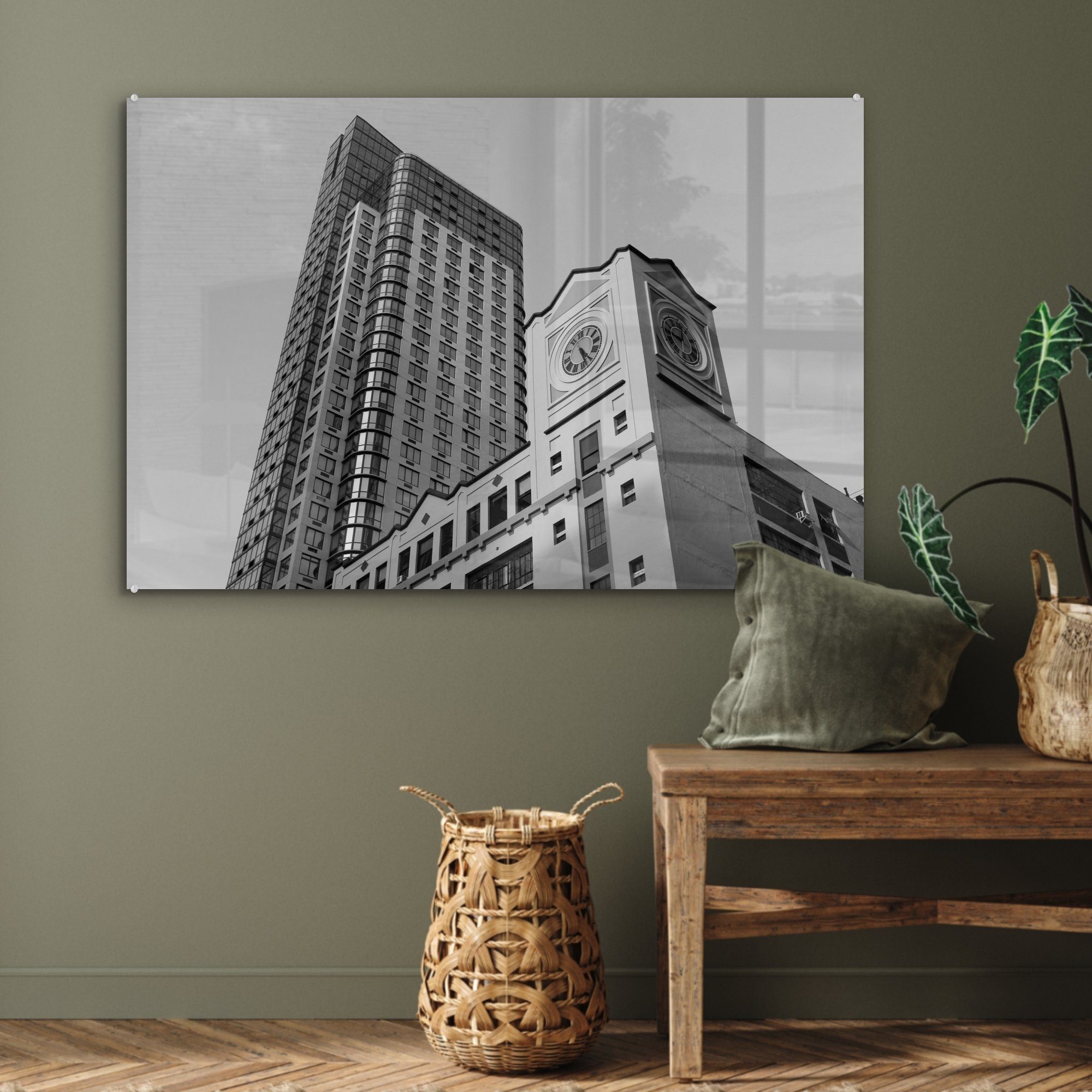 St), - - Wohnzimmer New York & (1 Acrylglasbilder Klassiker, MuchoWow Schlafzimmer Turm Acrylglasbild Uhr -