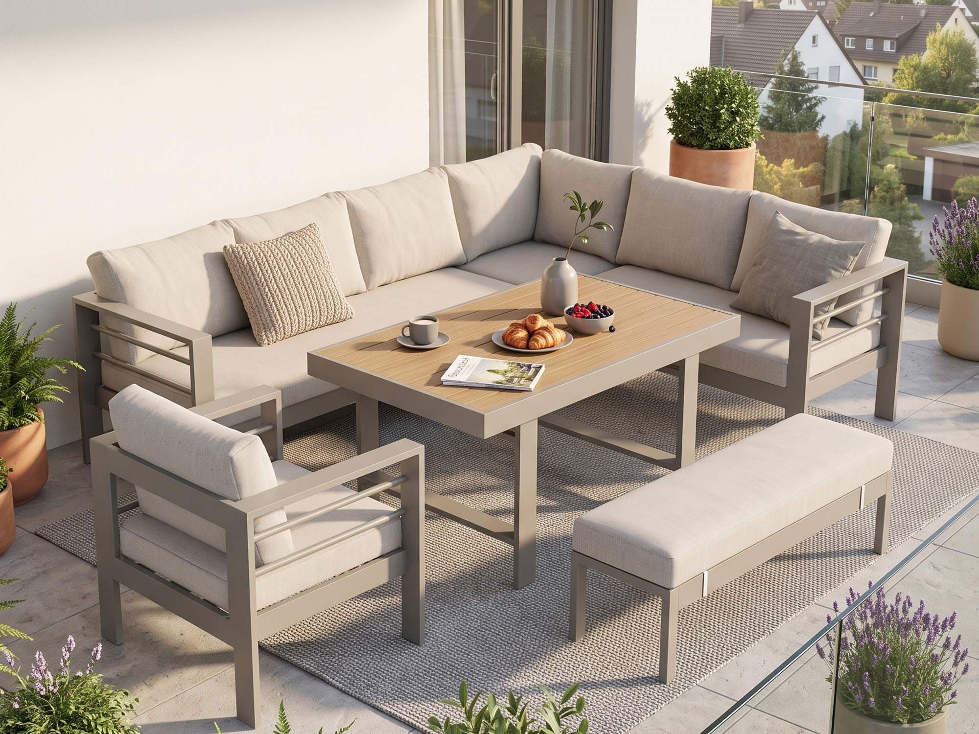 MeXo Gartenlounge-Set XXL Outdoor Lounge Set mit Esstisch, (wetterfeste modulare Ecklounge aus Aluminium, 6-tlg., Gartenmöbel Set für 6-9 Personen), 12cm Deluxe Relax-Sitzkissen, 8 cm breite Armlehne