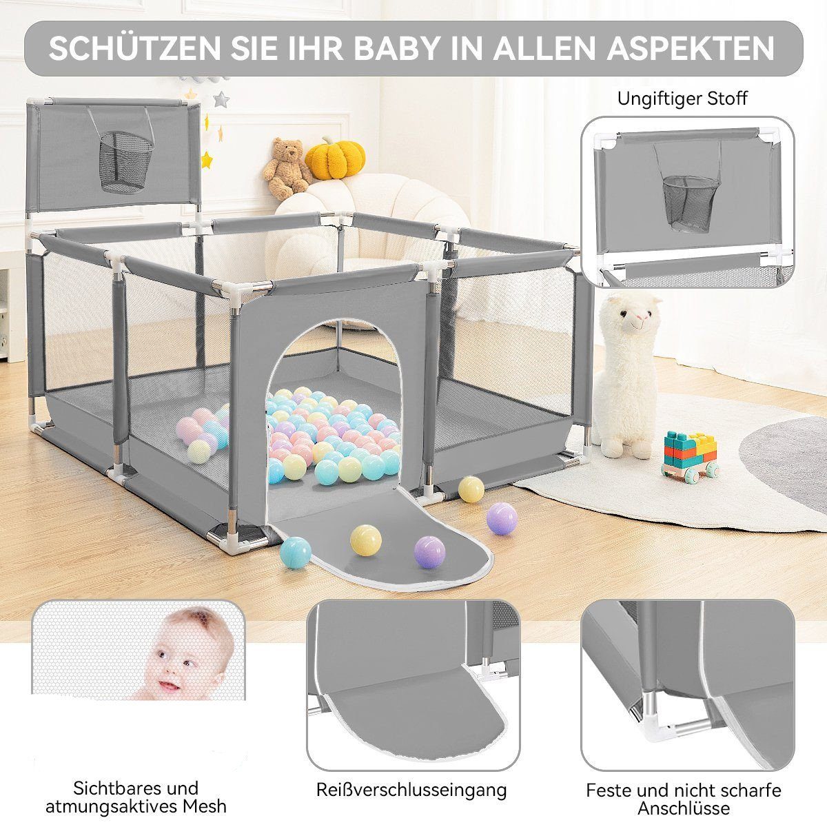Comomy Laufgitter (Baby Krabbelgitter, 1-tlg), mit Basketball-Netz 128x66cm