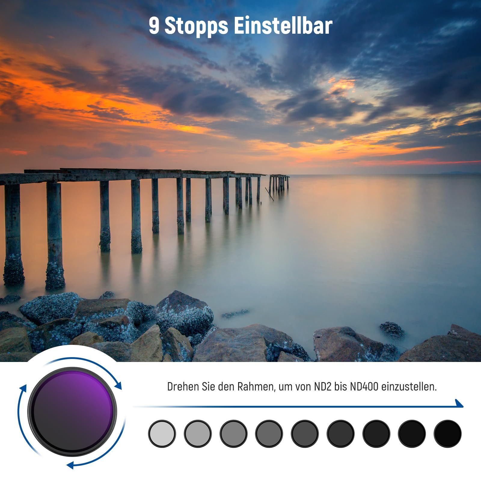 Neewer NW SERIES A 67mm ND2-400 (1-9 Stufen) Variabler ND Filter Graufilter (mit Objektivdeckel Trageband, mehrschichtiges optisches Glas)