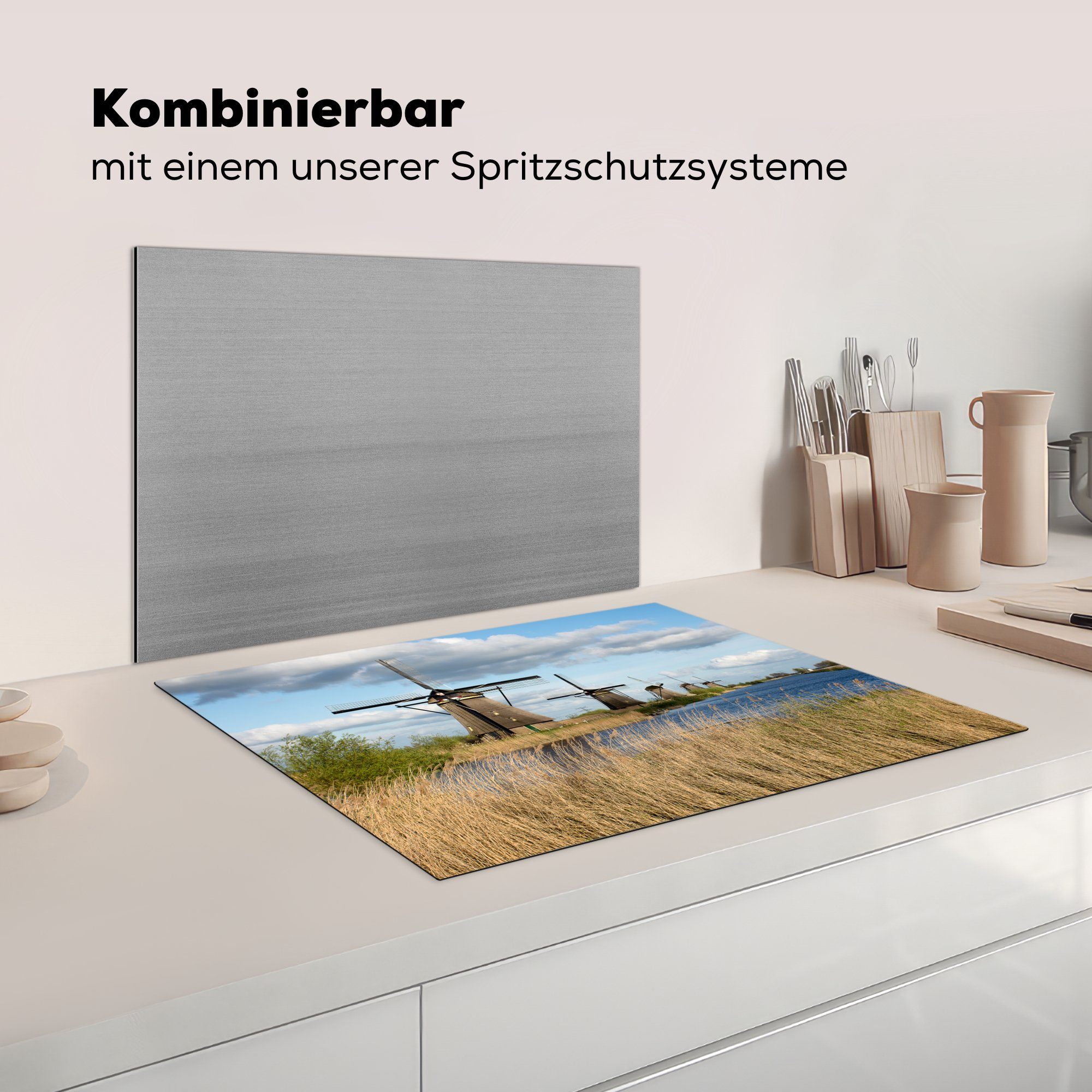 70x52 Ceranfeldabdeckung - cm, Niederlande, Mühle Landschaft MuchoWow Arbeitsfläche Herdblende-/Abdeckplatte Mobile Vinyl, nutzbar, tlg), (1 -