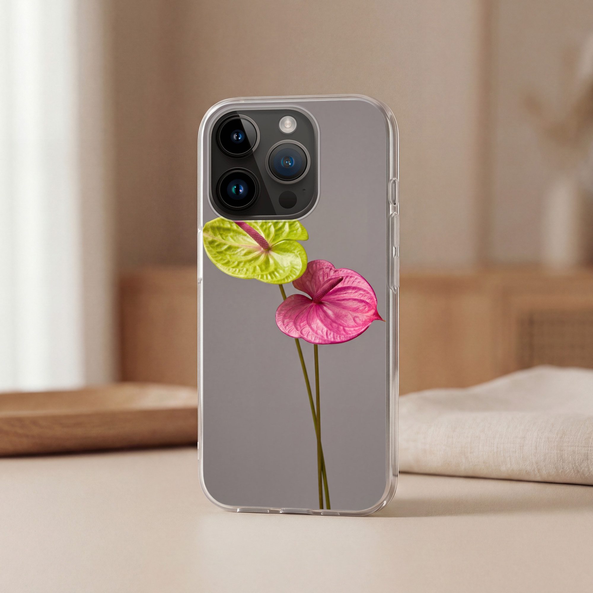 MuchoWow Handyhülle für Apple iPhone 14 Pro Pflanzen - Anthurium - Grün - Rosa, Smartphone-Bumper, Print, Handy Schutzhülle Dünn