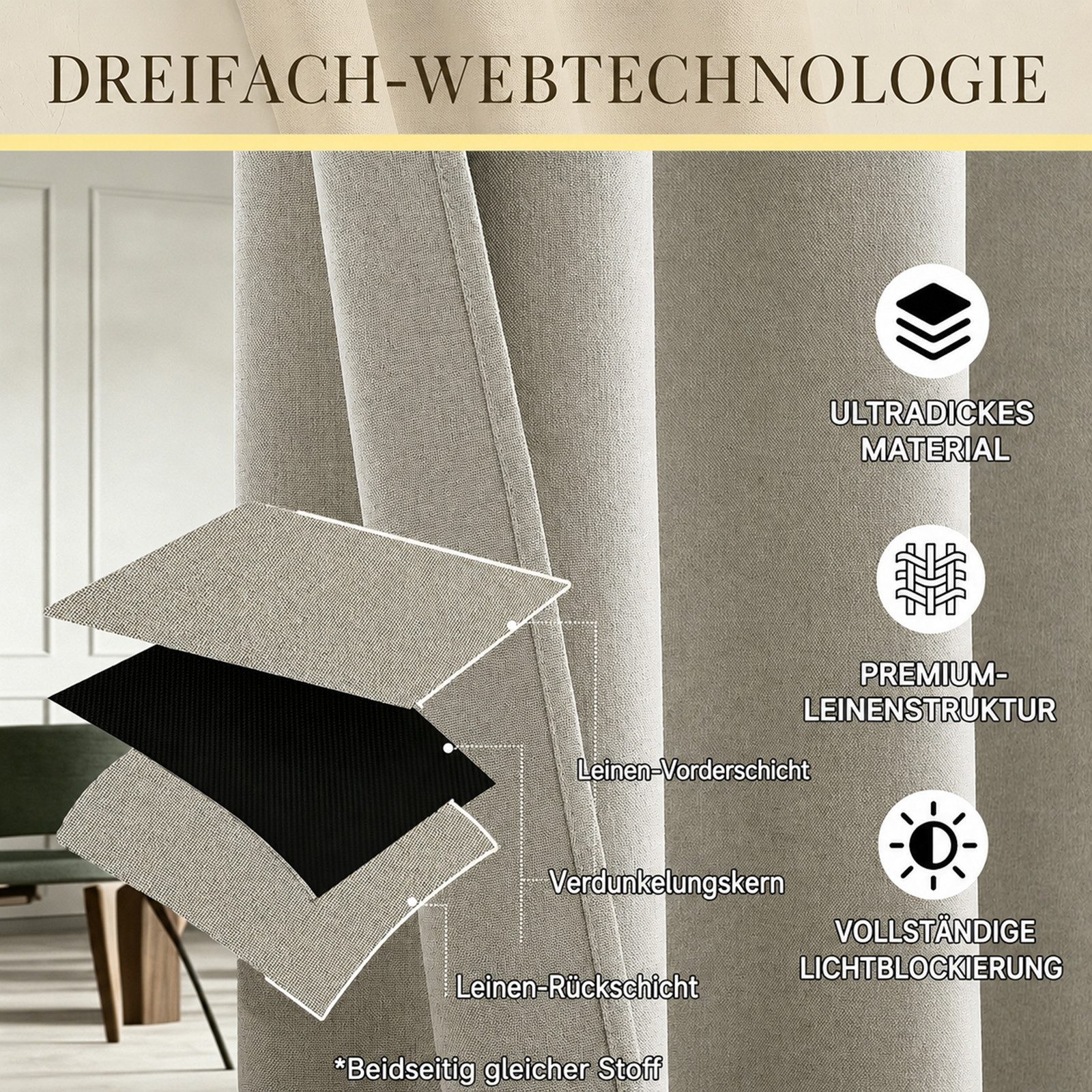 LMaxhome Gardine Verdunkelungsvorhang mit Schiene, 100 % Blickdicht mit Thermoschutz, Extra breiter Raumteiler-Vorhang für Büro, Wohn- und Schlafzimmer