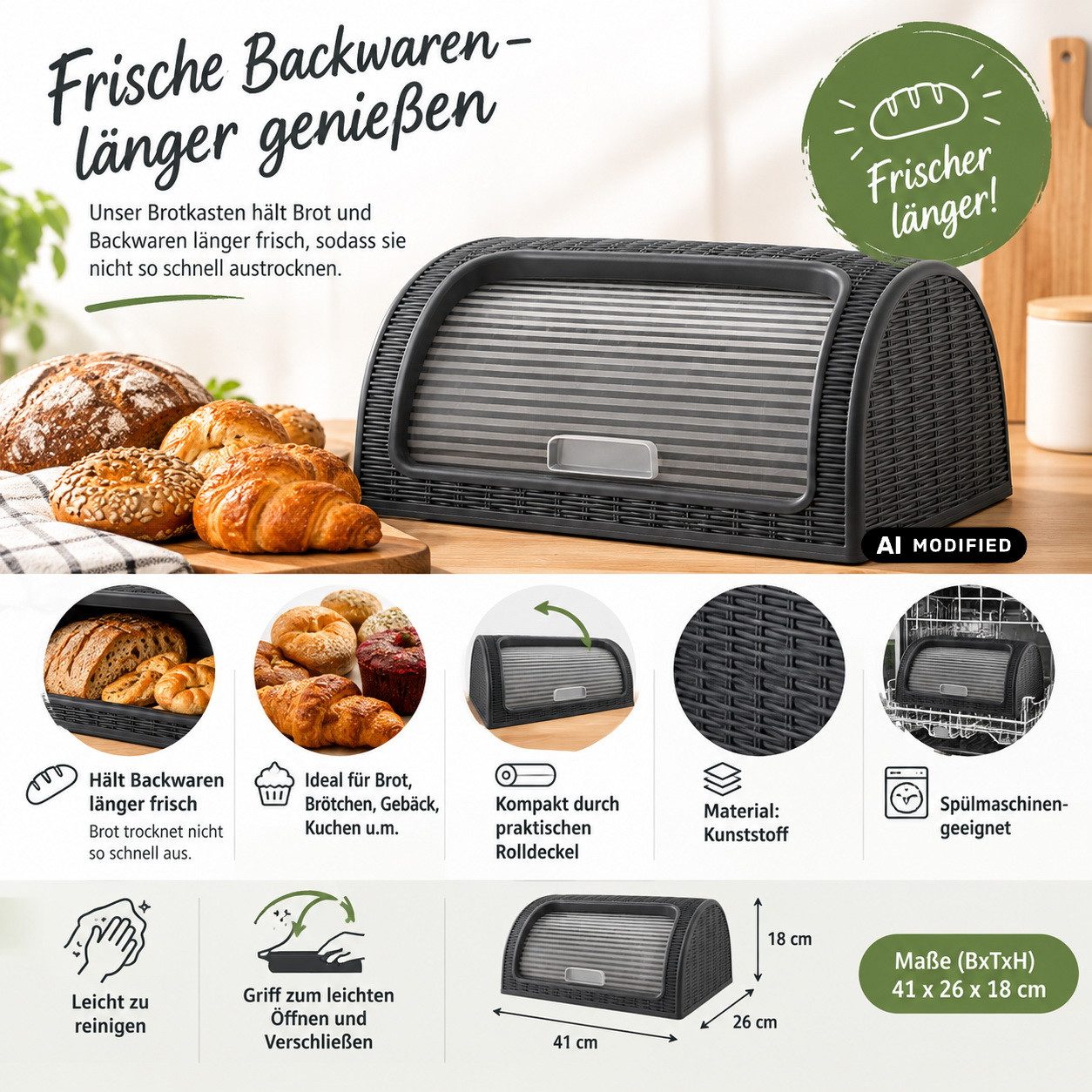 Michelino Brotkasten Brotkiste Brotaufbewahrungsbox Brotbox, Kunststoff, mit Rolldeckel - spülmaschinengeeignet – Bild 3 von 4