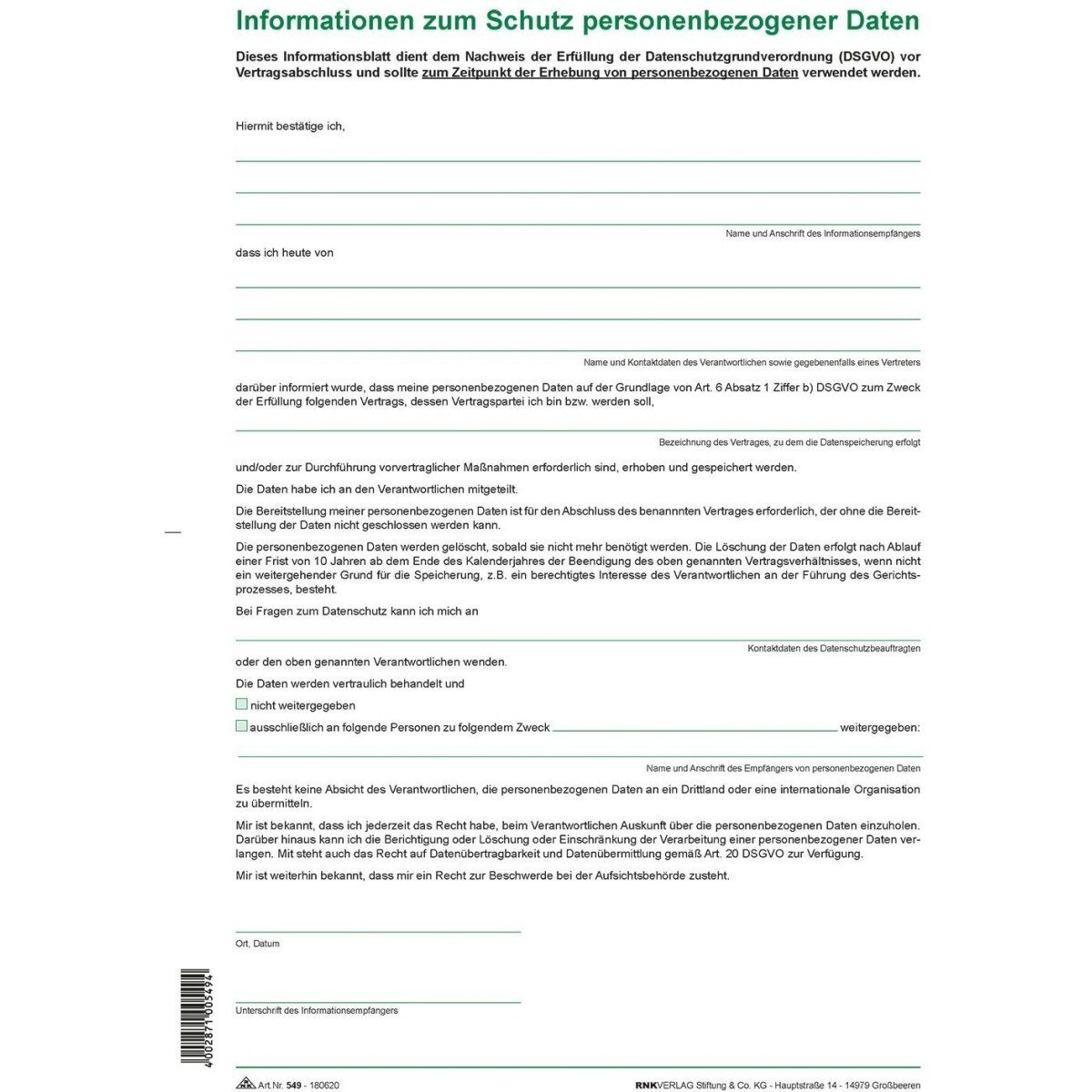 RNK Verlag Formularblock Informationsblatt -Informationen zum Schutz personenbezogener Daten A4