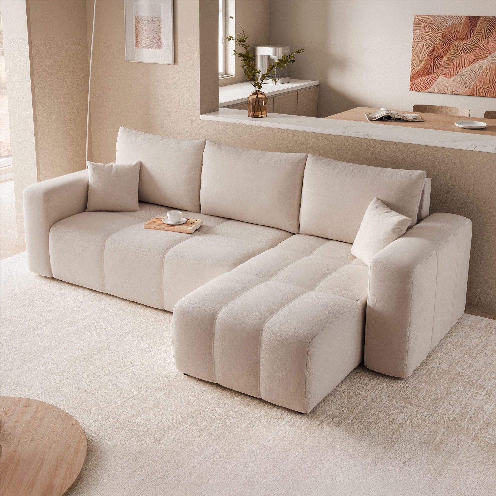 Fun Möbel Ecksofa Schlafsofa LEROS mit Ottomane in Verloursstoff Manila, mit Bettkasten, inkl. 3 Rückenkissen und 2 Zierkissen