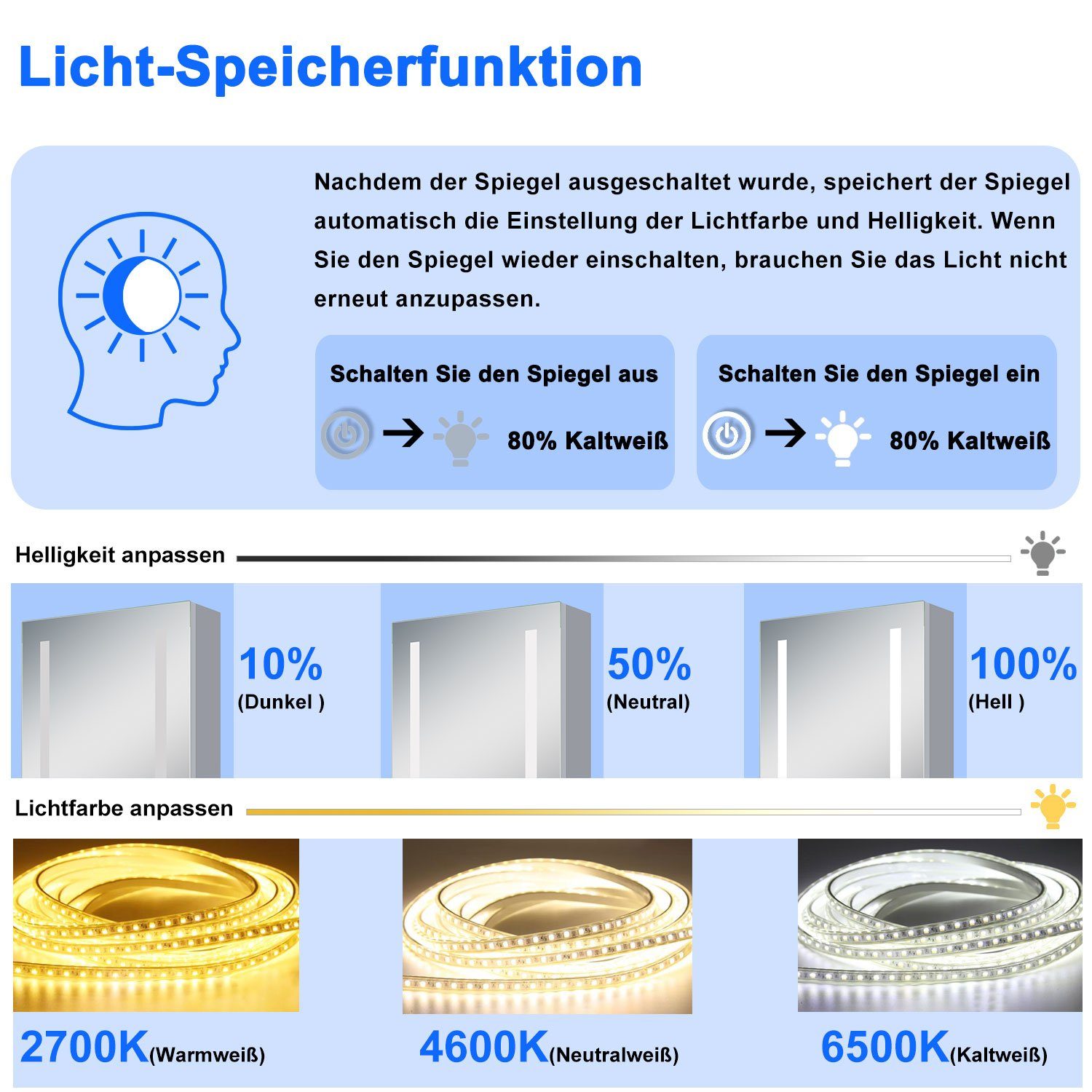 duschspa Spiegelschrank LED Memory-Funktion Kalt/Neutral/Warmweiß dimmbar Touch/Wandschalter, Beschlagfrei Beleuchtung