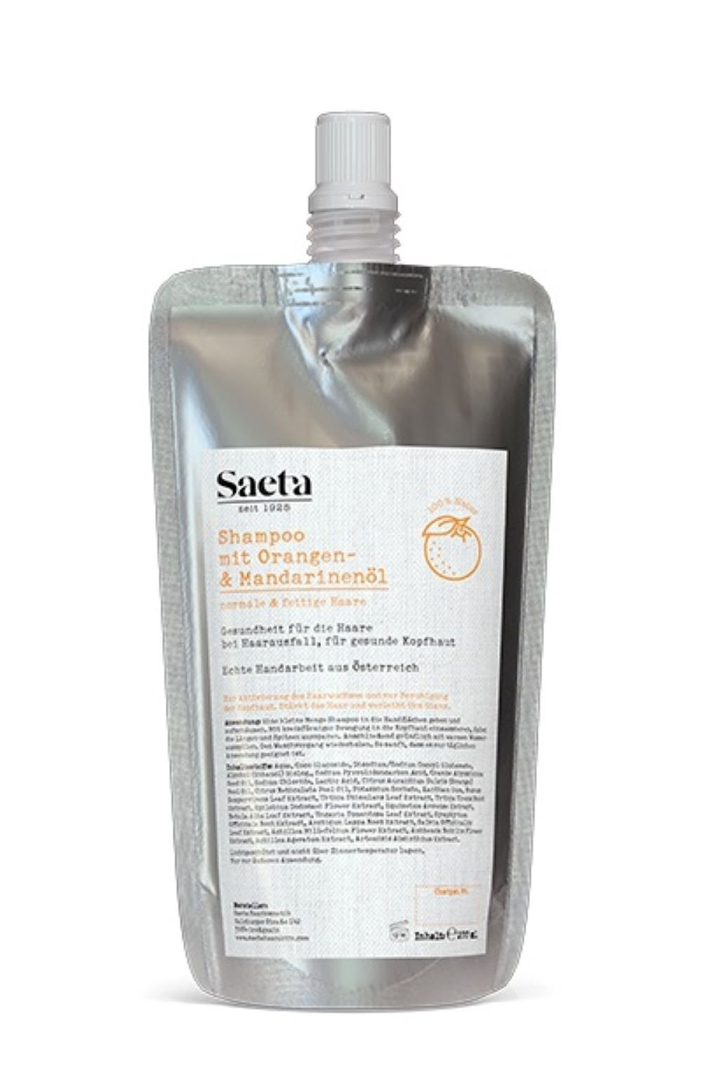 Saeta Haarkosmetik Haarshampoo Orange & Mandarine Normale und fettige Haare 200 ml, 1 Nachfüllbeutel, Shampoo gegen Haarausfall