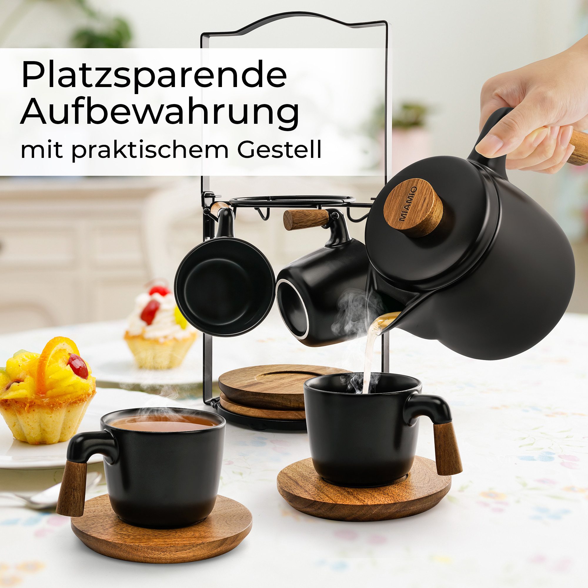 MiaMio Teeservice Teekannen-Set mit Gestell, schwarz, Keramik