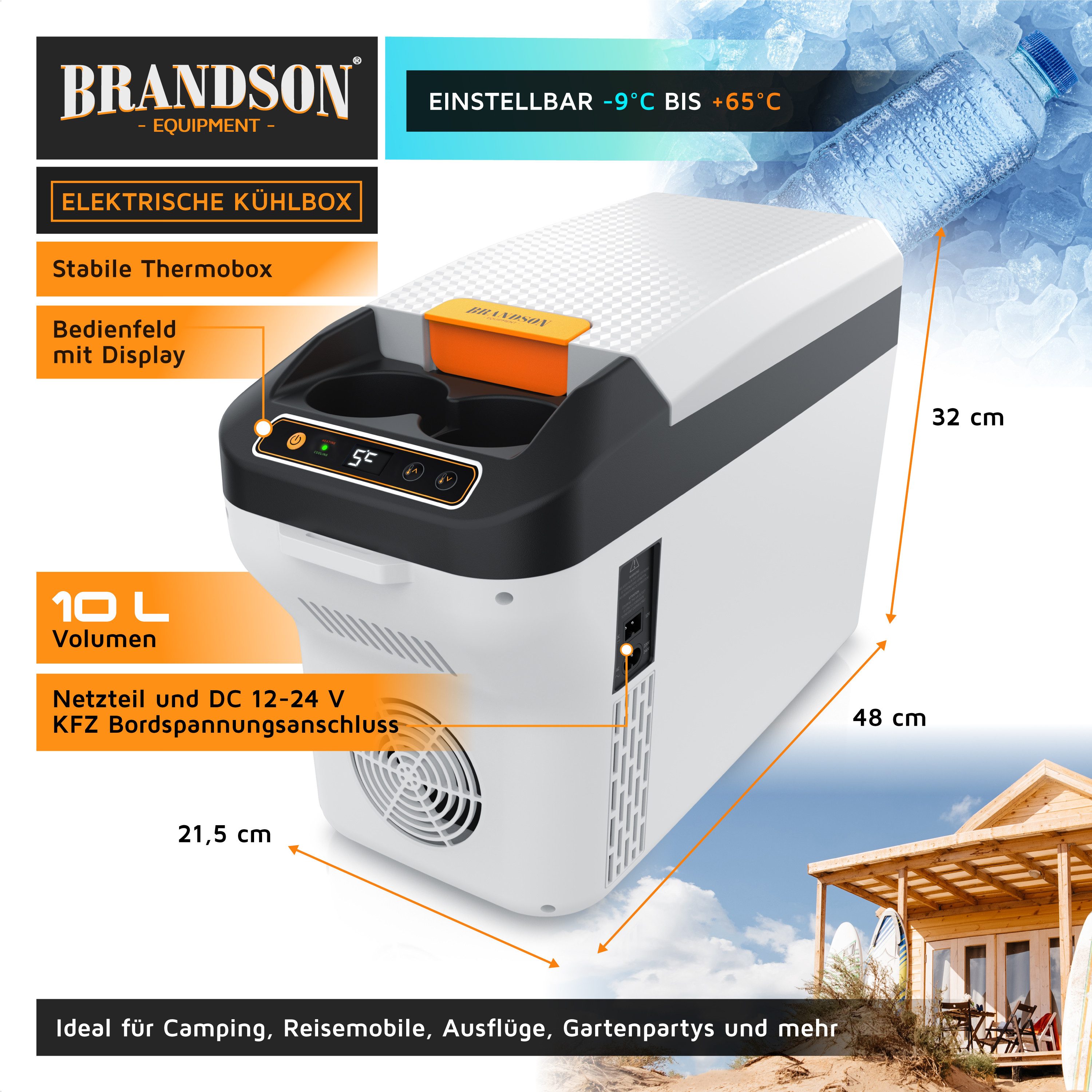 Brandson Elektrische Kühlbox 10 L, Kühlt & hält Warm, von -10 bis +65°C, für die Mittelkonsole, 10 l, Kühlbox elektrisch, 230 V Netzspannung und 12 V KFZ Auto Bordspannung