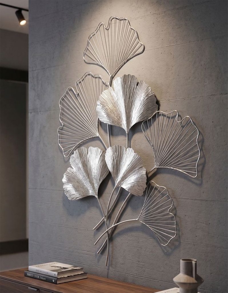 MF Wanddekoobjekt Ginkgo Silver Metall Wandbild Modern Glam 86 cm Wanddeko (1 St)