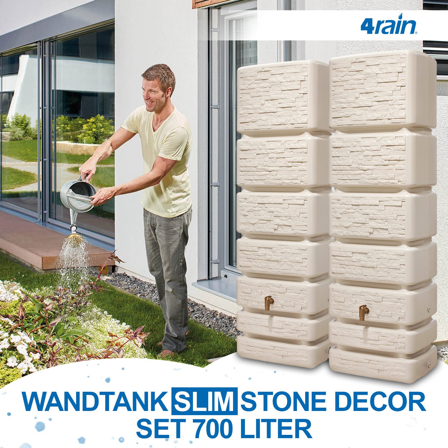 4rain Regentonne SLIM STONE DECOR Wandtank-Set 700 L sandbeige, 700 l – Bild 2 von 5