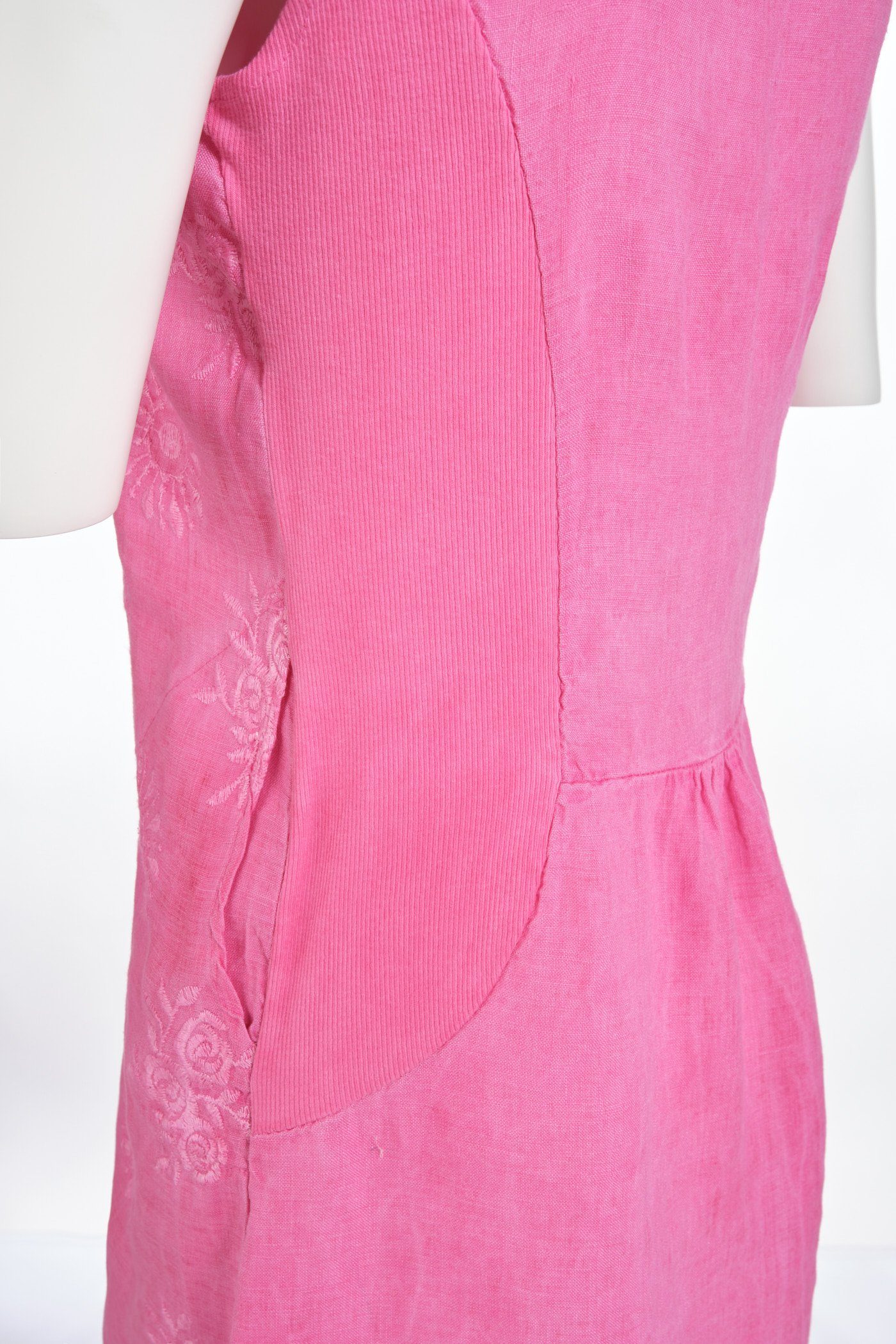 kurzarm Sommerkleid knielang Leinenkleid Damen (1-tlg) v2-pink PEKIVESSA Stickerei mit