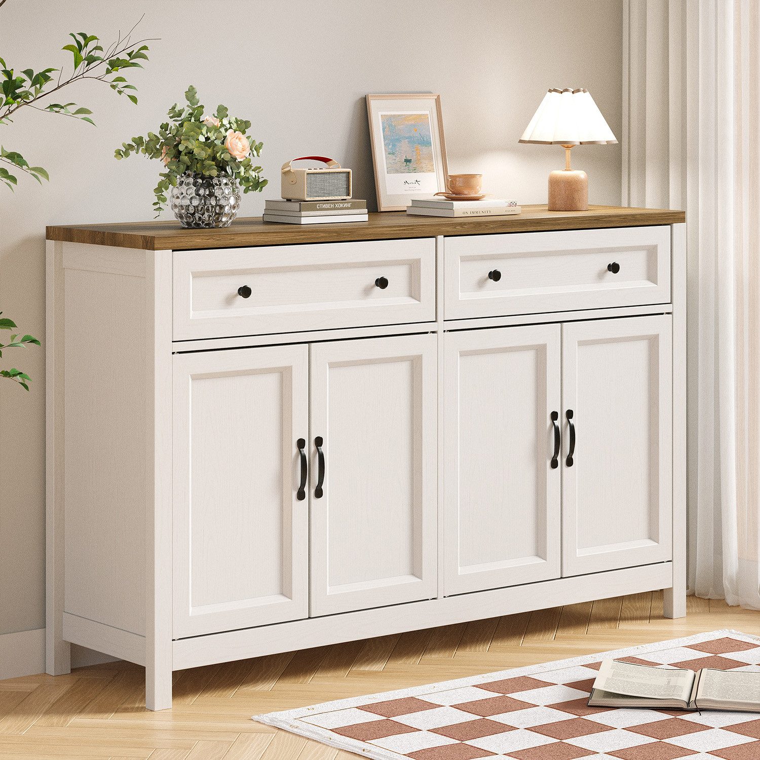 Bealife Sideboard Küchenschrank mit Arbeitsplatten,mit 2 Schubladen 4 Türen,Weiß