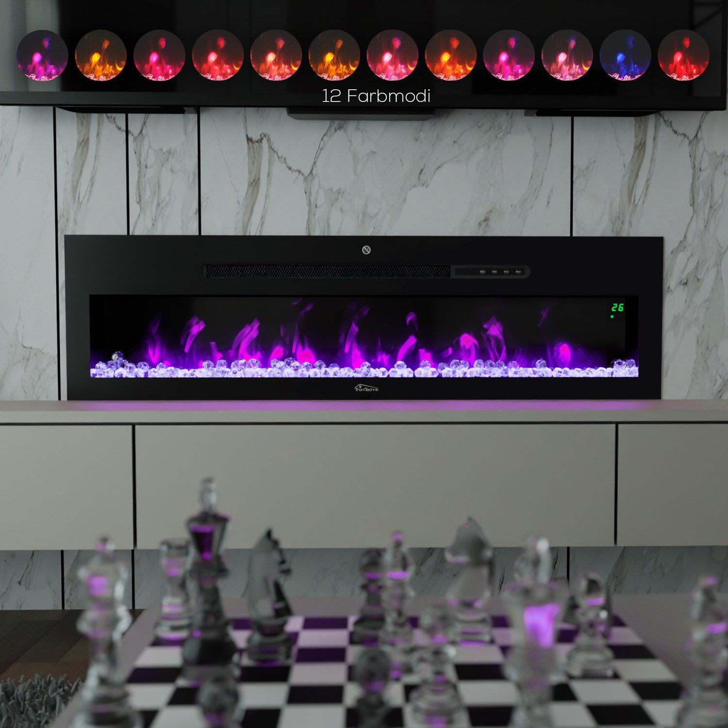 TroniTechnik Elektrokamin Wandkamin elektrisch 900/1800W, LED Flammeneffekt, App, Timer, schwarz, Elegant, platzsparend, dekorativ nutzbar, smart steuerbar, zuverlässig