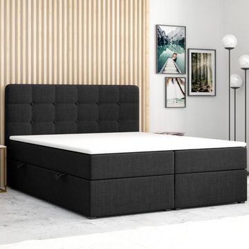 Möbel Punkt Boxspringbett Prag Grau Schwarz mit VISCO TOPPER (180 x 200 cm), mit Bettkasten, Chesterfield - Optik, inkl. Topper