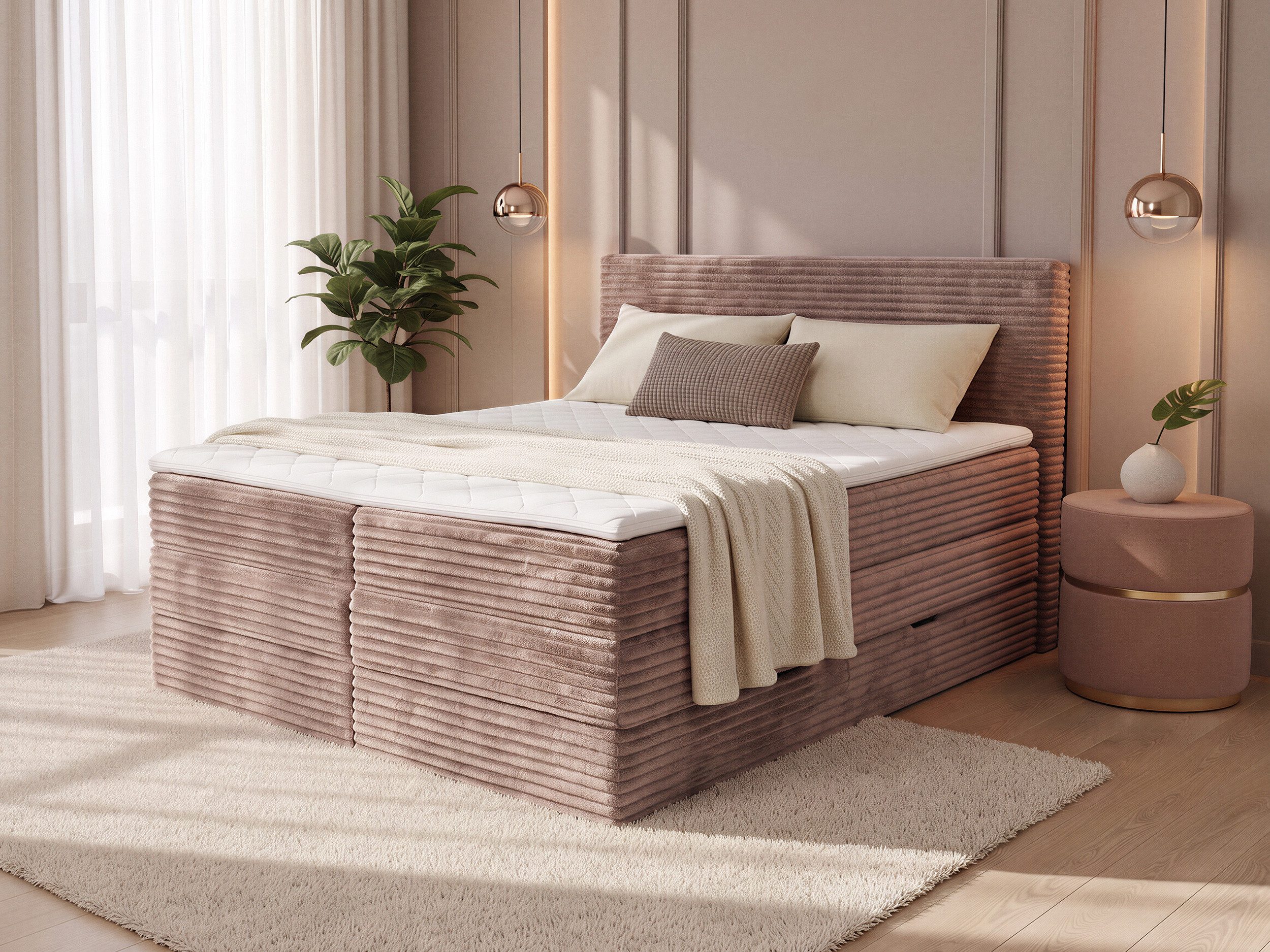 Sofnet Boxspringbett Mollo XL (2x Bettkästen, Bonellfederkern- und Taschenfederkernmatratze, Topper), Polsterbett, Doppelbett, Cord Bezug, mit Kopfteil, 140/160/180x200 cm