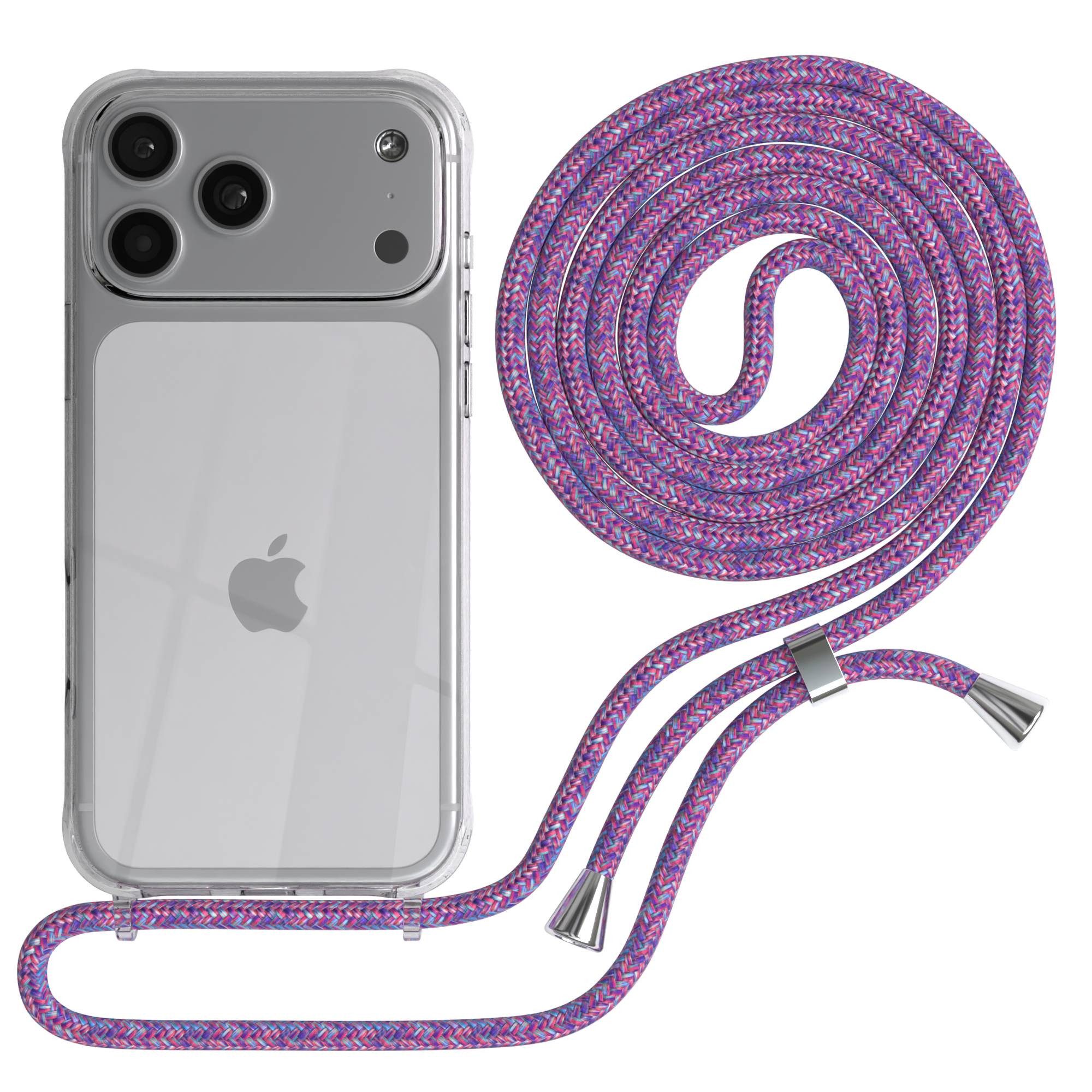 EAZY CASE Handykette Hülle mit Kette für Apple iPhone 17 Pro Max 6,9 Zoll, Umhängetasche für Handy Silikonhülle Handyhülle durchsichtig Violett