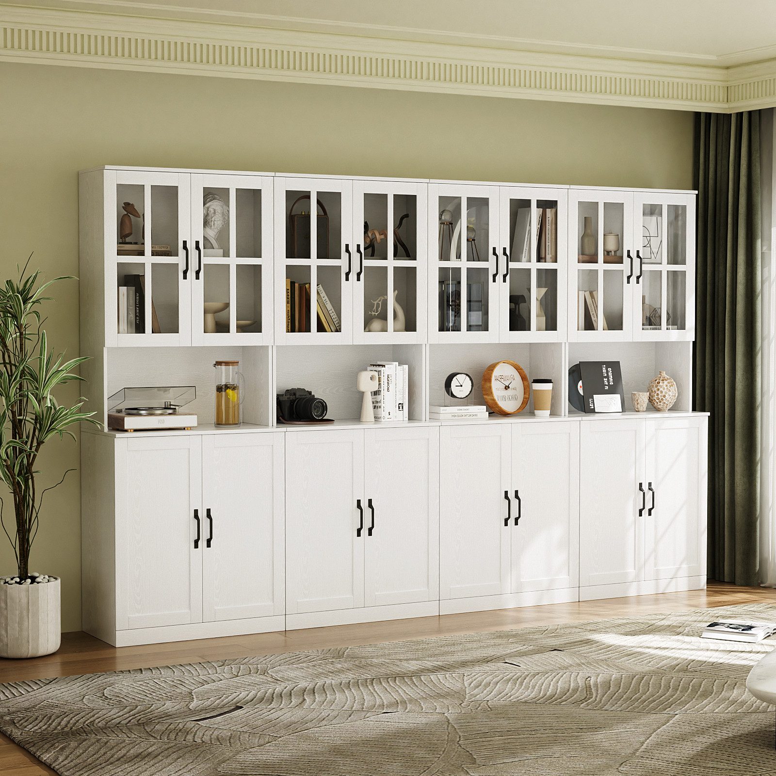 VOWNER Bücherregal mit Glastüren, offenem Fach & Arbeitsplatte – 5 Ebenen Hochschrank, 4-tlg., Vitrinenschrank Buffetschrank Standregal für Wohnzimmer & Büro