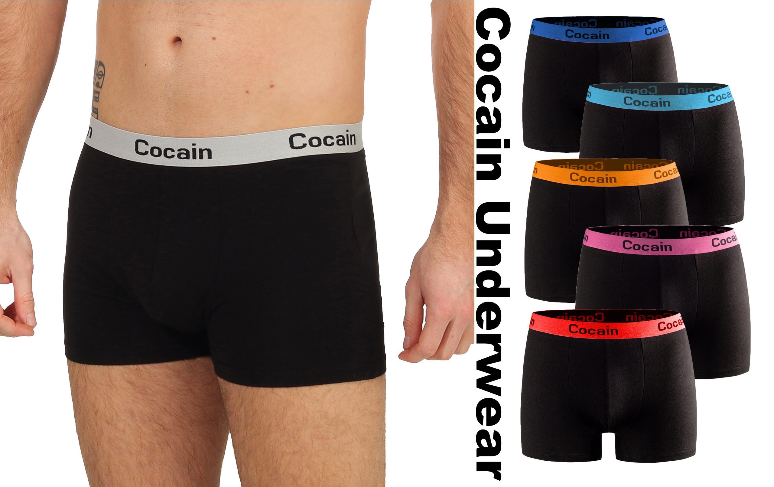 Cocain underwear Boxershorts schwarz Logoschriftzug 5er-Pack) mit Herren farbigem Europa aus (5-St., Bund am Boxershorts Spitzenqualität Bund