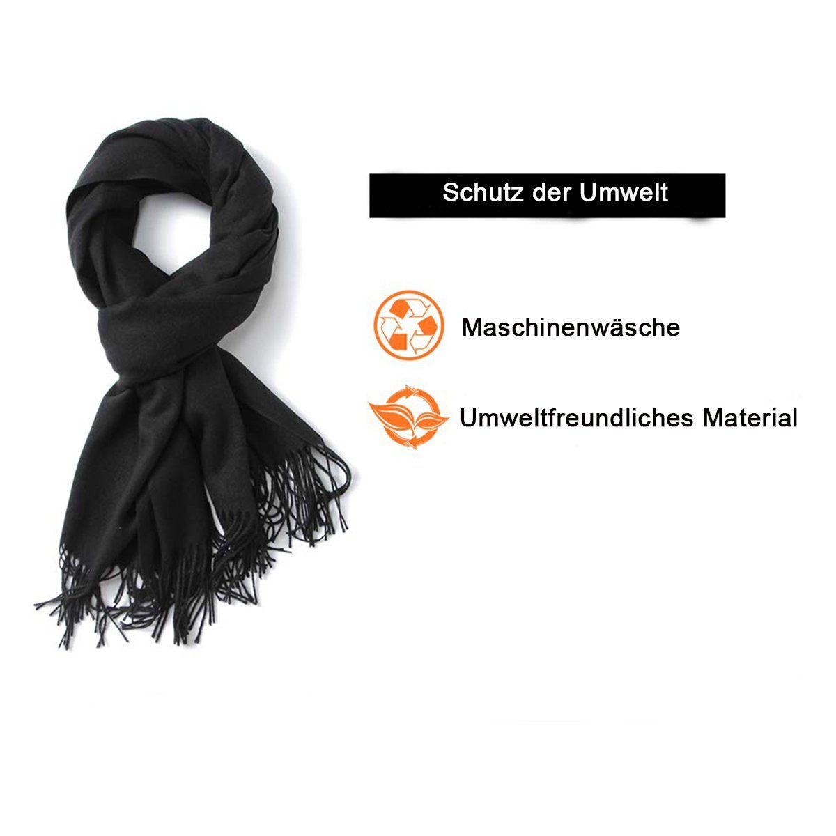 Schwarz Winter Halstuch Schal mit Baumwolle Herbst Jormftte quasten,Einfarbig Warm unifarben