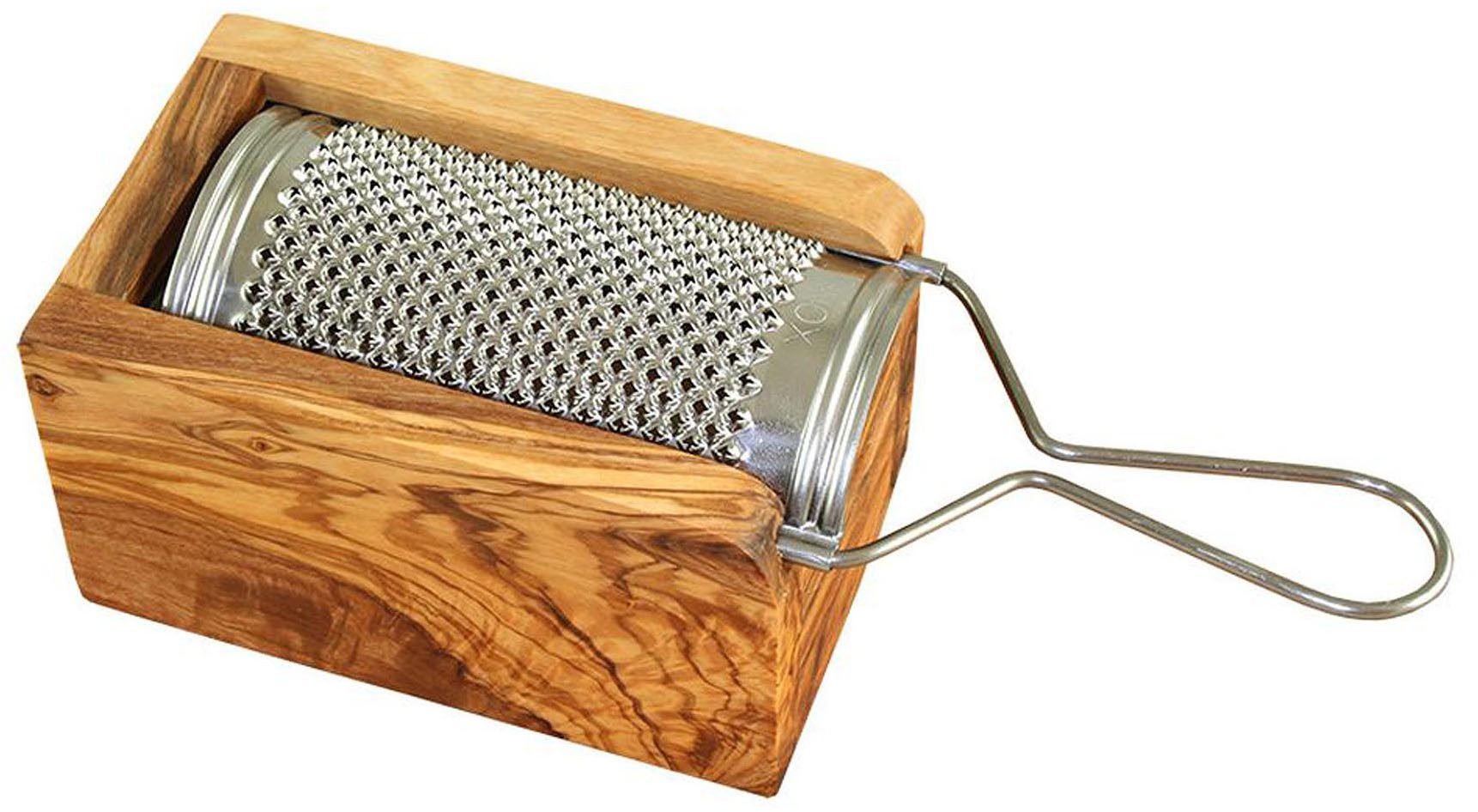 Olivenholz-erleben Käsereibe für Hartkäse und Muskat, aus Edelstahl mit Olivenholzbox, Edelstahl, Olivenholz, (Set, 2-St., Metallreibe Edelstahl mit Auffangbox aus Olivenholz), Metallreibe aus Edelstahl, Auffangbox aus Olivenholz, auch für Muskat