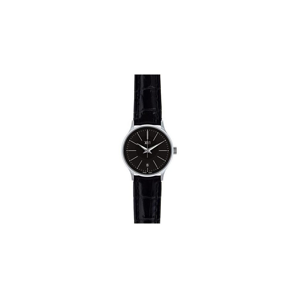 XEN Quarzuhr Damen Schwarz Silber Swiss Made Leuchtzeiger Lederband XQ0029, kleine schmale Uhr, Lederband Kroko-Optik