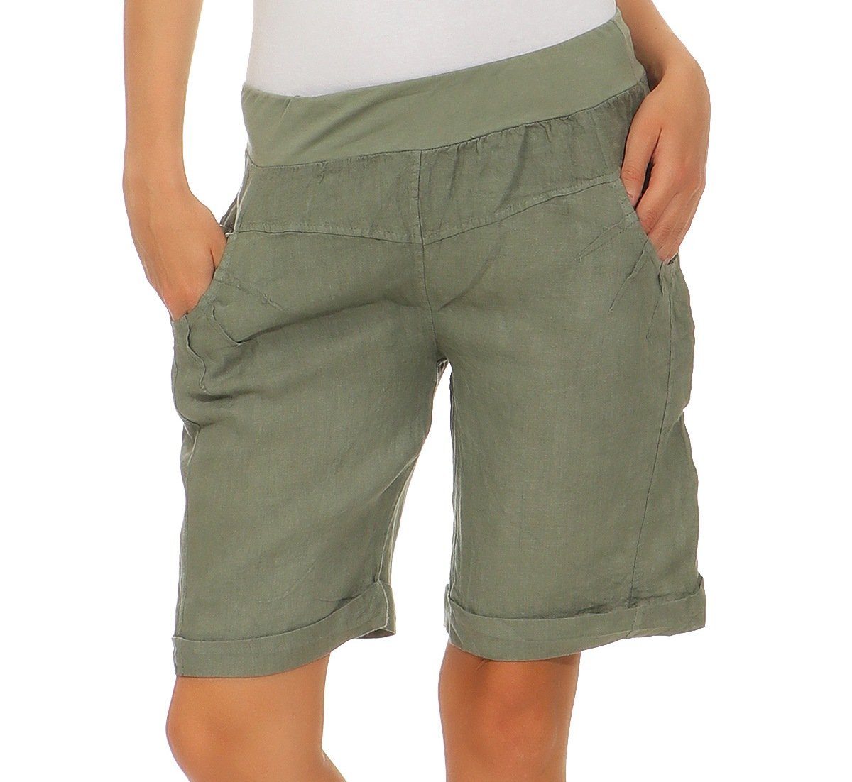 Mississhop Leinenhose Leinenshorts Bermuda 100 Leinen Hose kurze % 276 Oliv