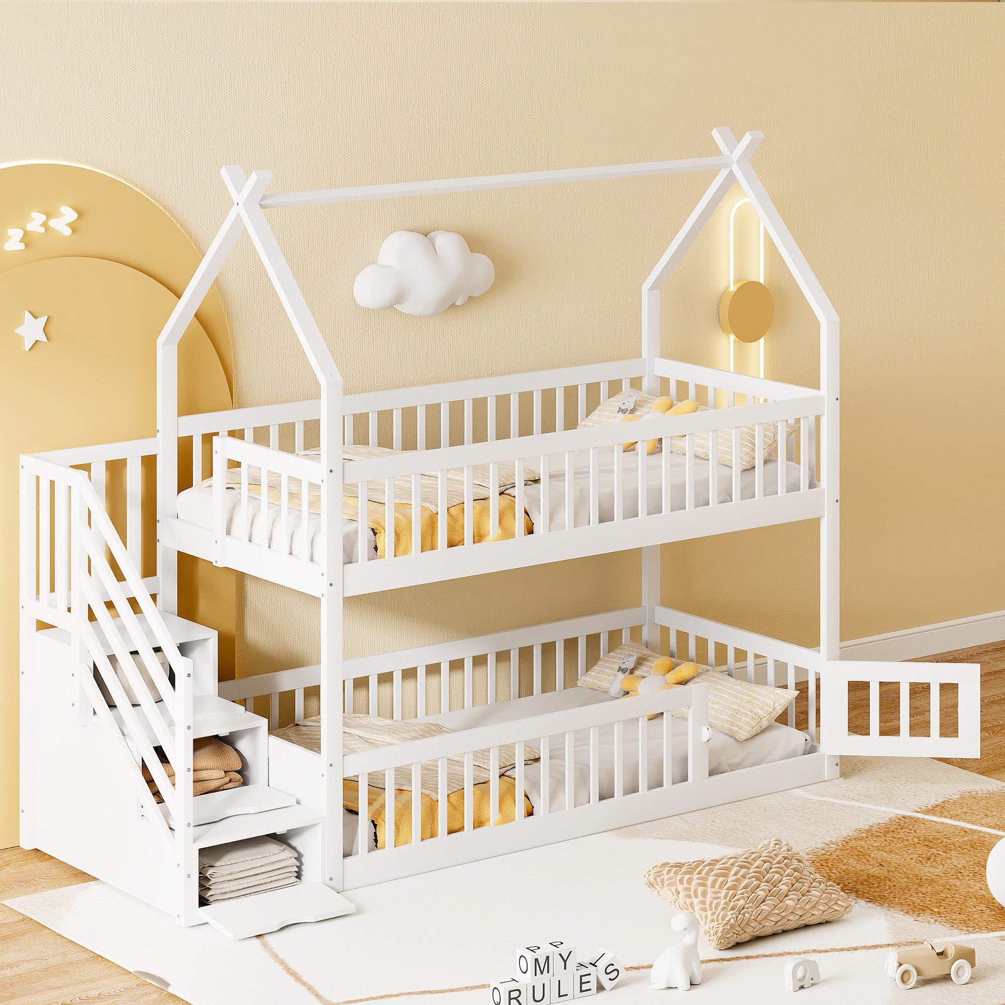 Flieks Etagenbett, Kinderbett Hausbett 90x200cm mit Stauraumtreppe und ober günstig online kaufen