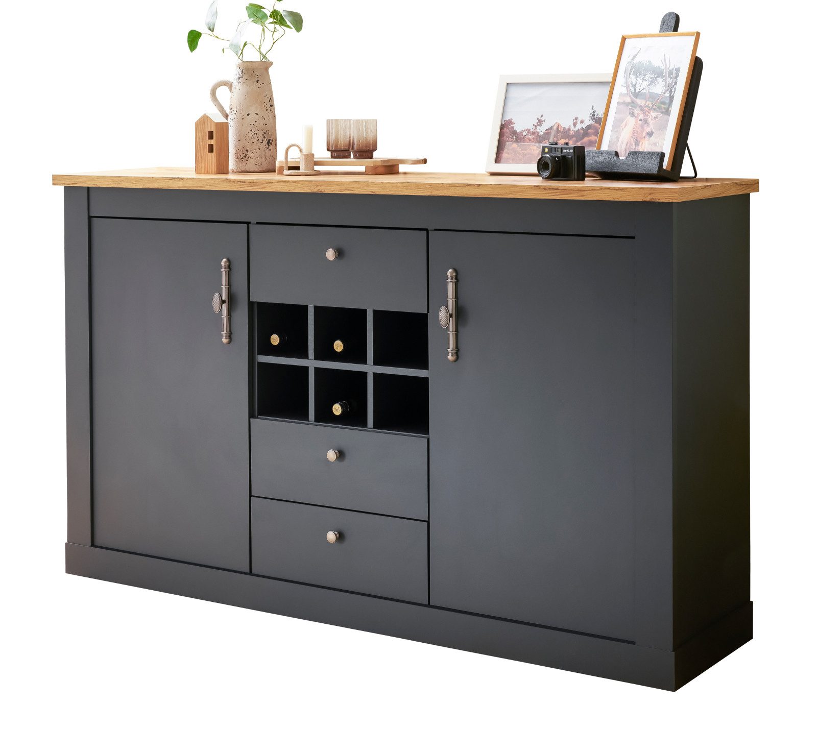 Furn.Design Anrichte Ribera (hohes Sideboard in matt grau mit Wotan Eiche, 169 x 104 cm), mit Soft-Close-Funktion
